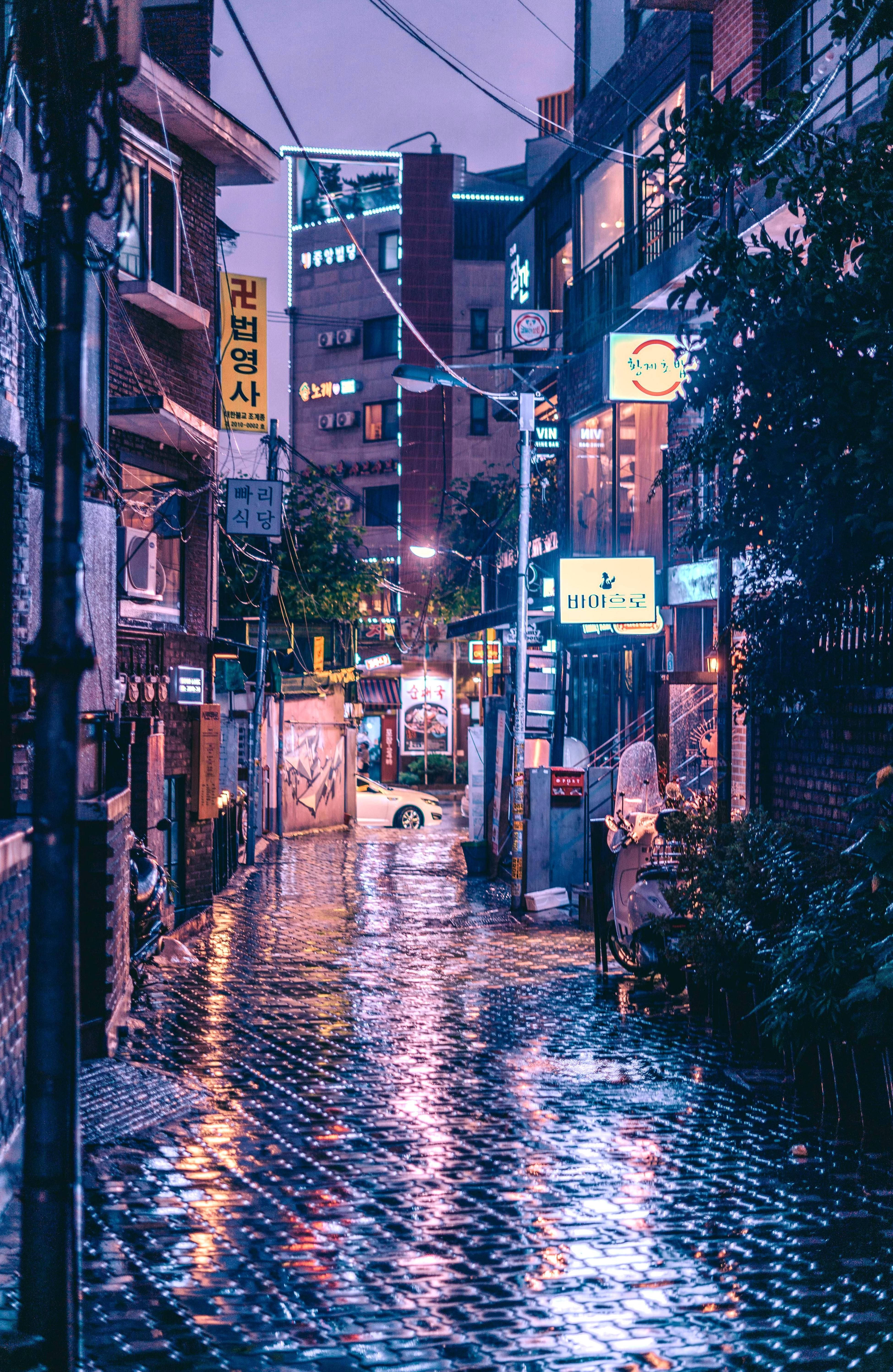 Korean Aesthetic, wet street, twilight, 5K Phone Wallpaper
