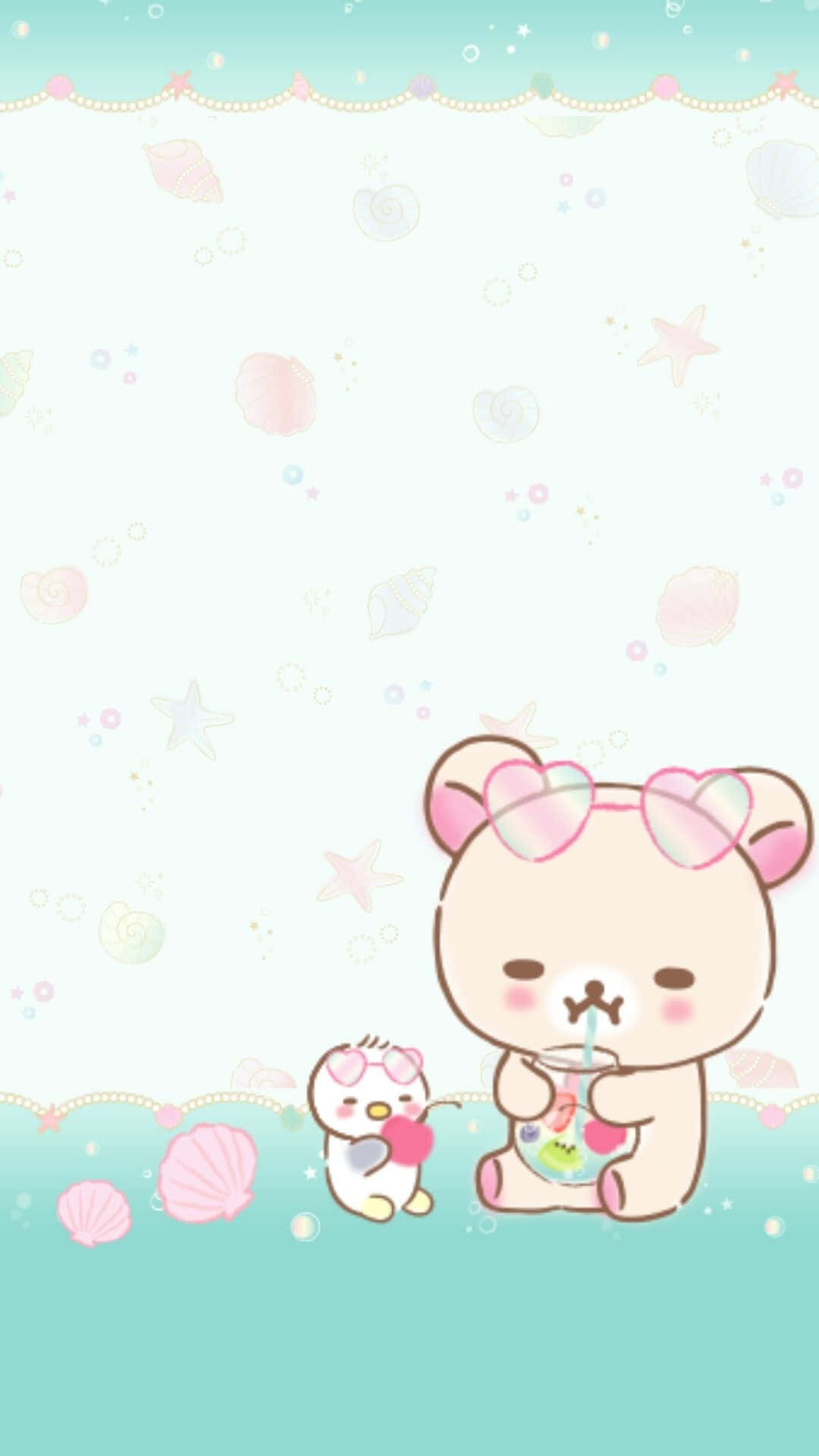 Korilakkuma, heart-shaped glasses, floating seashells, Full HD Phone Wallpaper