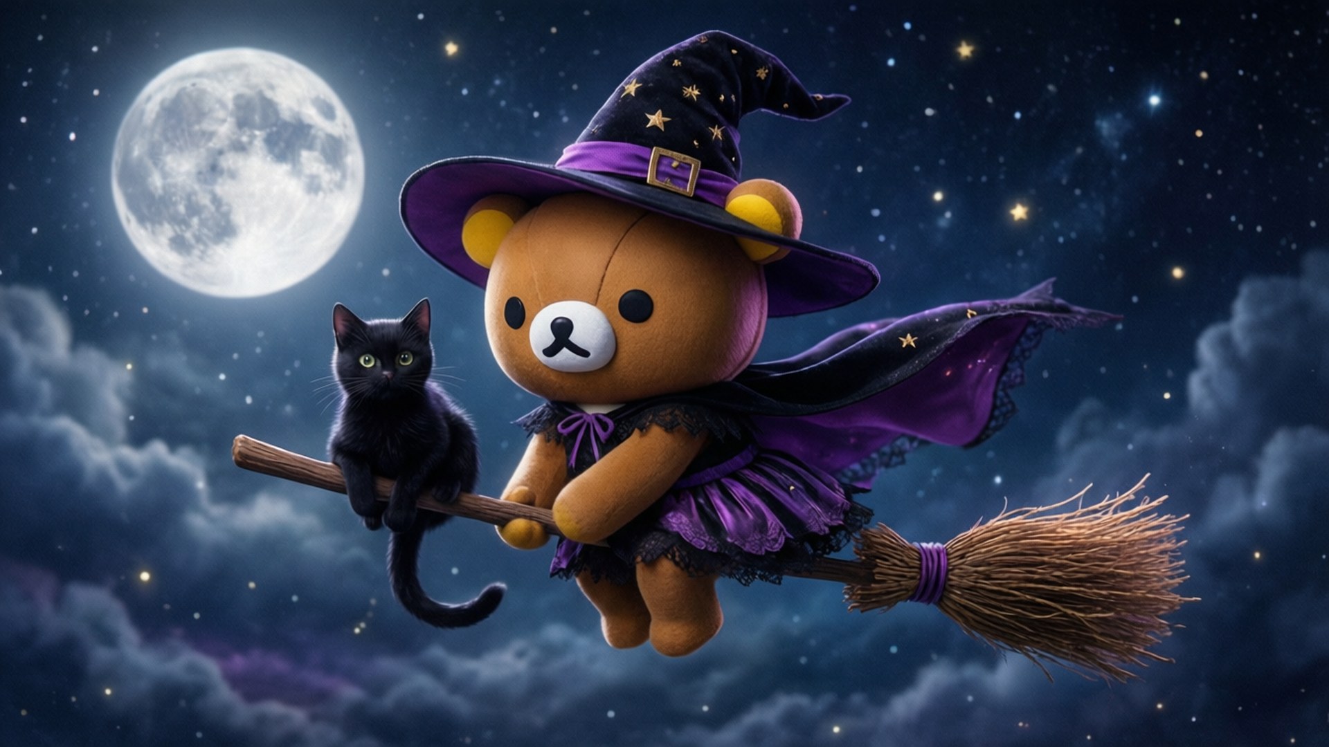Korilakkuma, witch, flying, Full HD Desktop Wallpaper