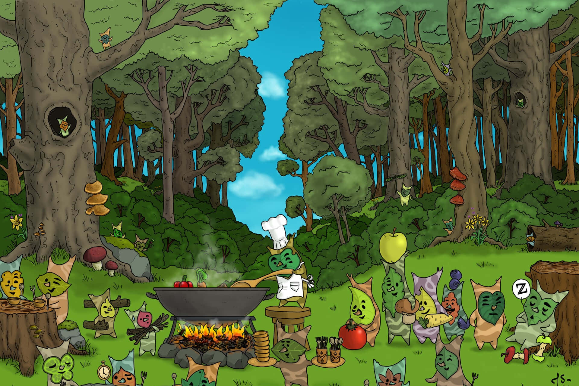 Korok Forest, campfire grill, chef cucumber, Full HD Desktop Wallpaper