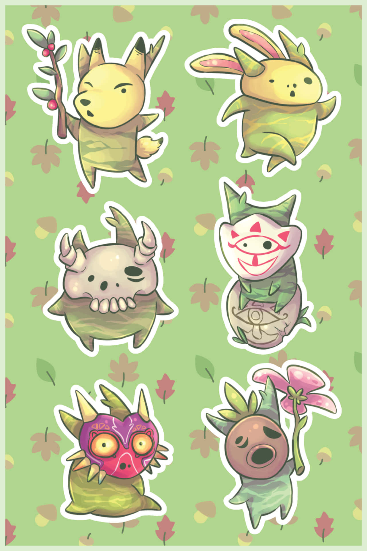 Korok, chibi-style monster stickers, autumn leaves, Full HD Phone Wallpaper