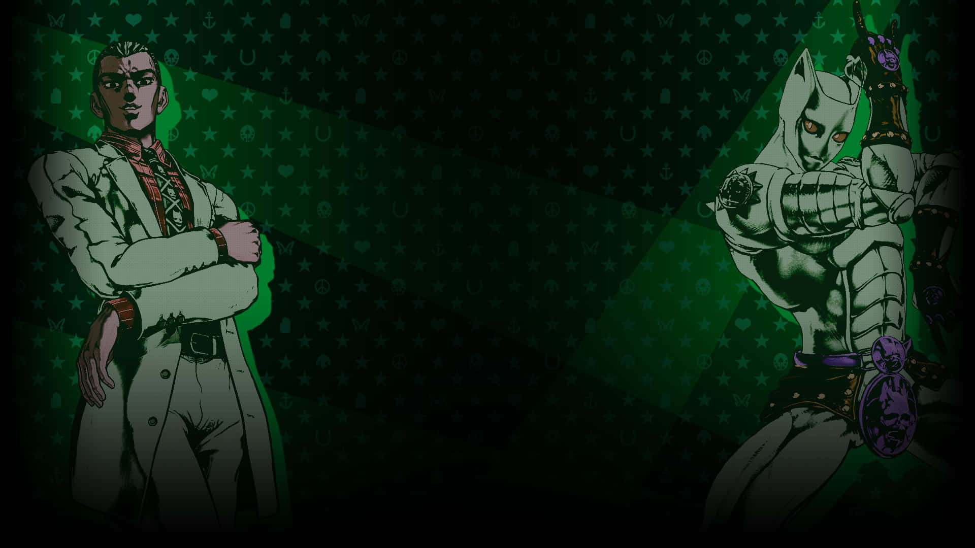 Kosaku Kawajiri, dark green patterned background, glowing green highlights, Full HD Desktop Wallpaper