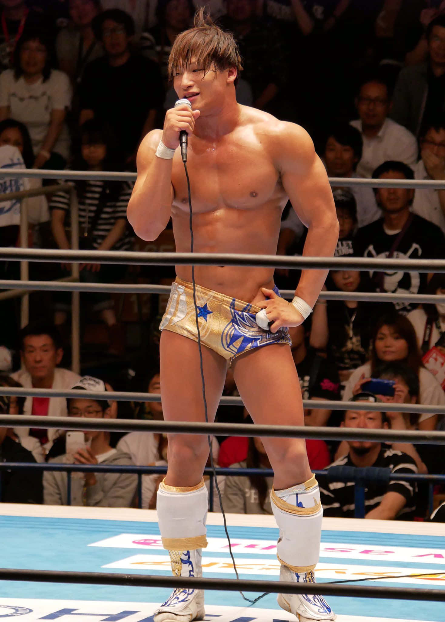 Kota Ibushi, gold and blue trunks, ring, Full HD Phone Wallpaper