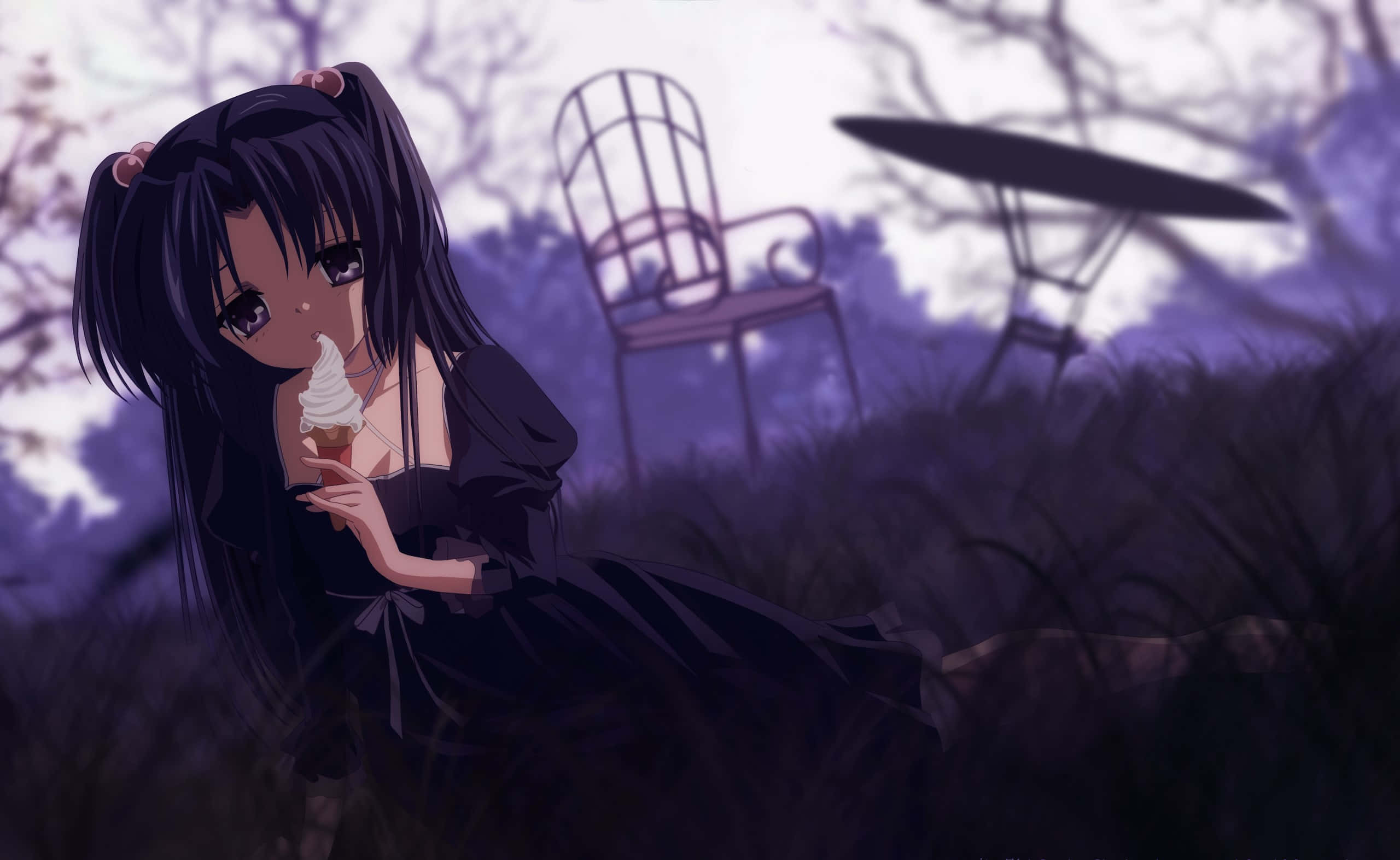 Kotomi Ichinose, black dress, purple-hued field, 2K Desktop Wallpaper