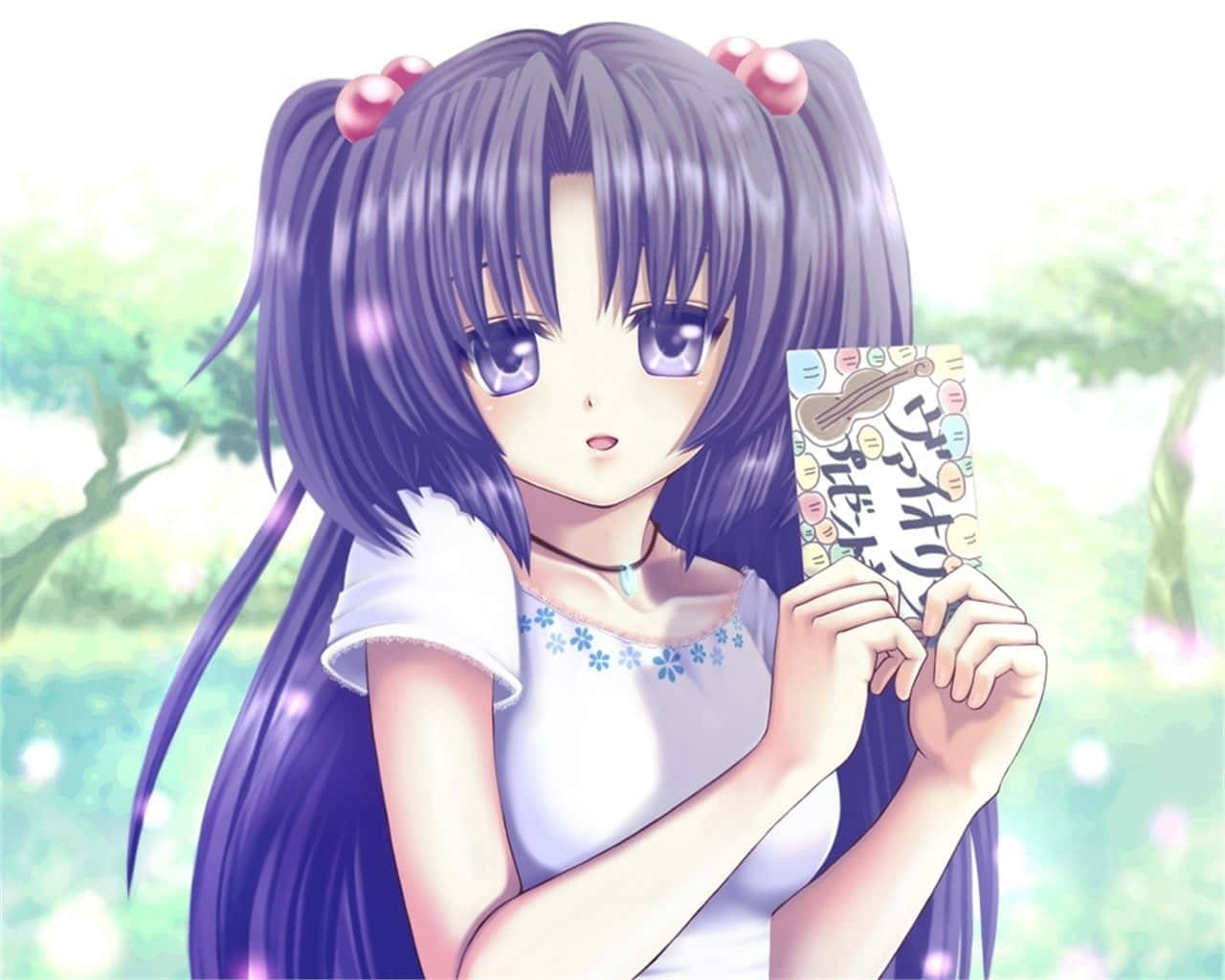 Kotomi Ichinose, purple pigtails, decorated card, HD Desktop Wallpaper