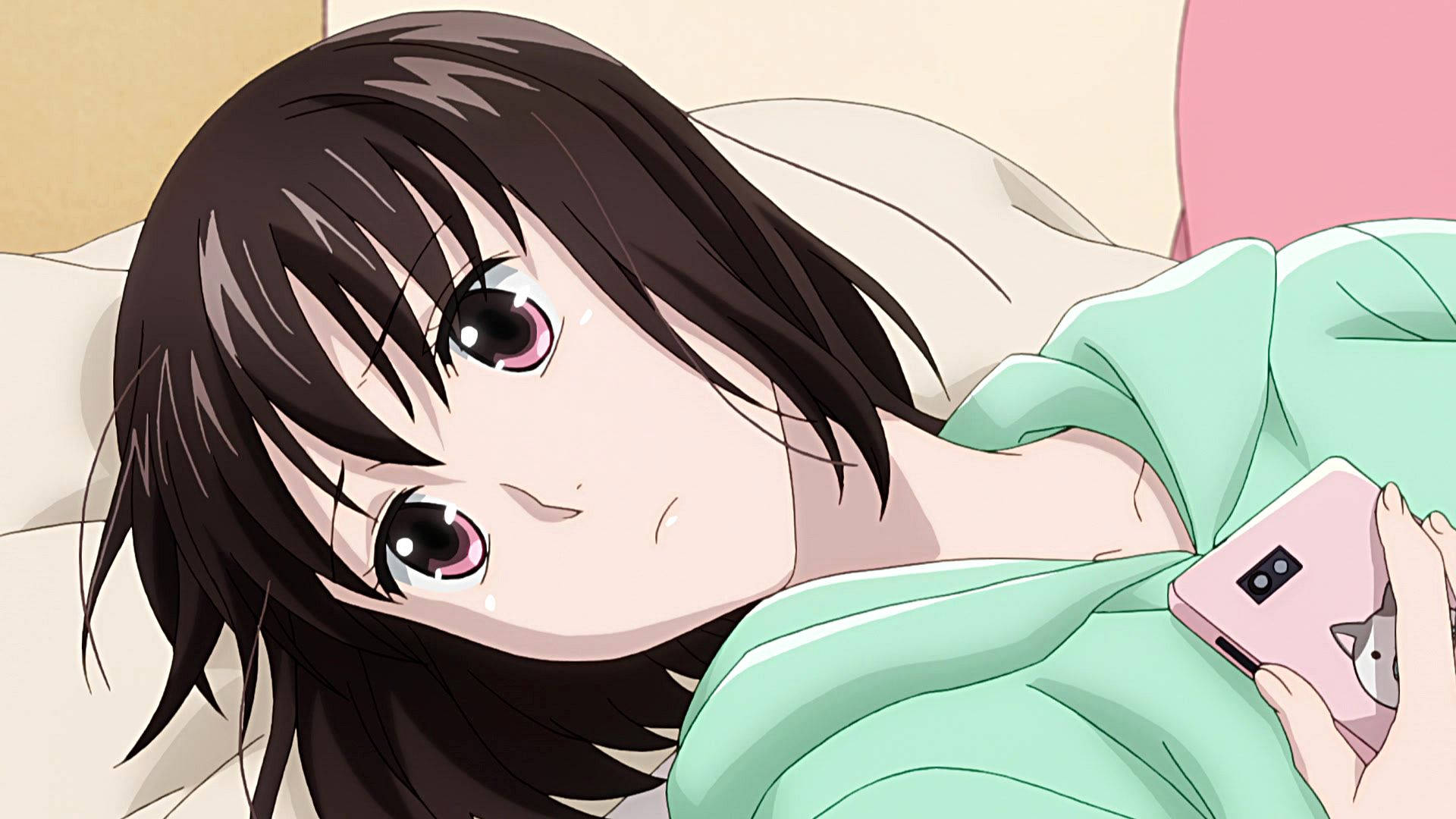 Kotomi Ichinose, mint green blanket, pink phone, Full HD Desktop Wallpaper