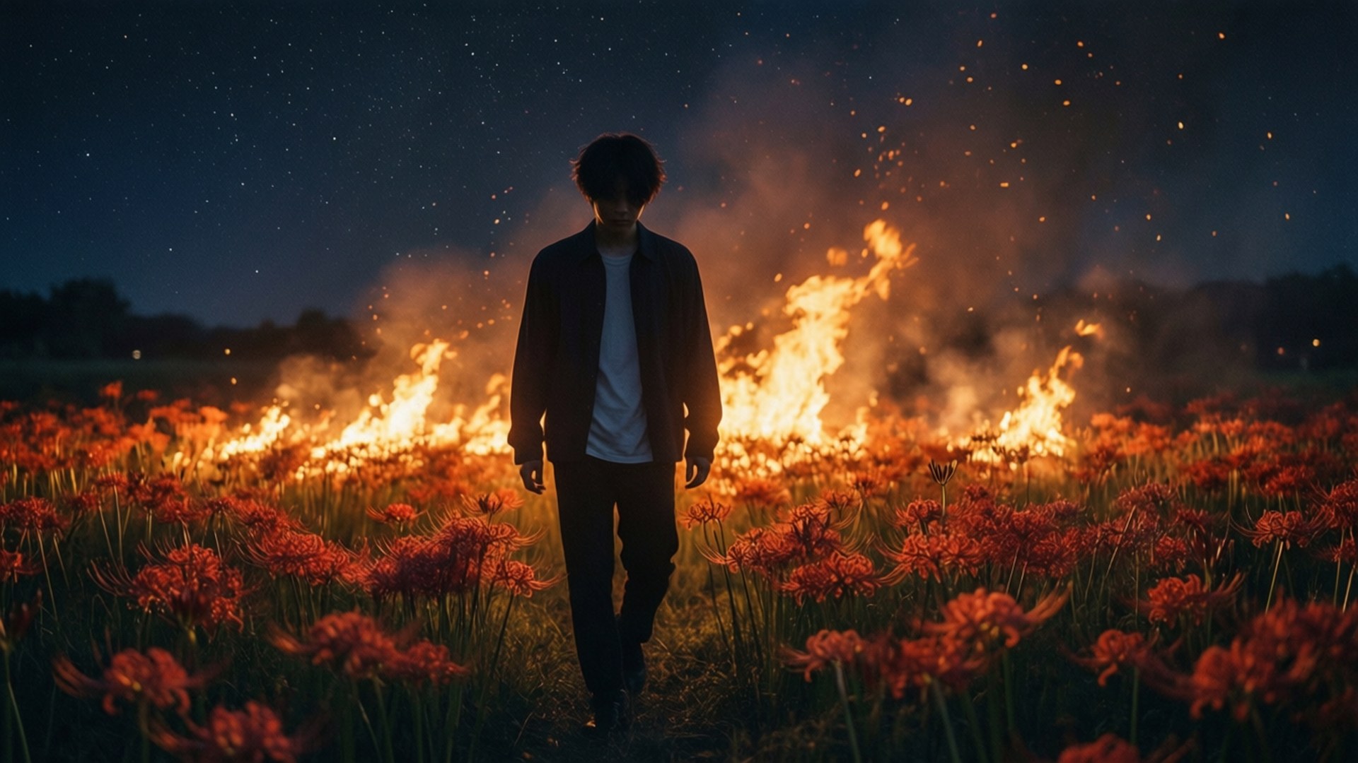 Kouen Ren, burning field, night, Full HD Desktop Wallpaper