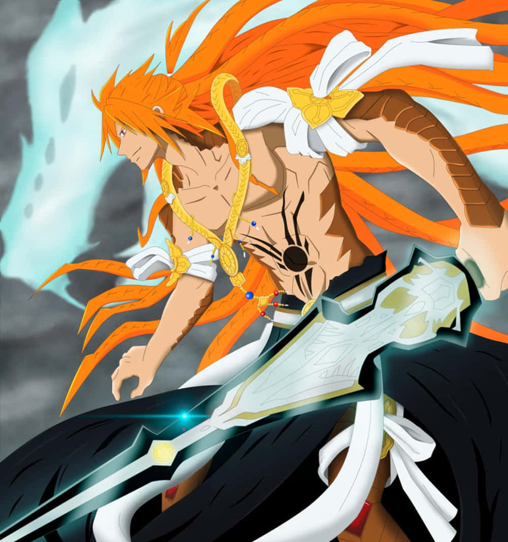 Kouen Ren, fiery orange hair, glowing sword, SD Phone Wallpaper
