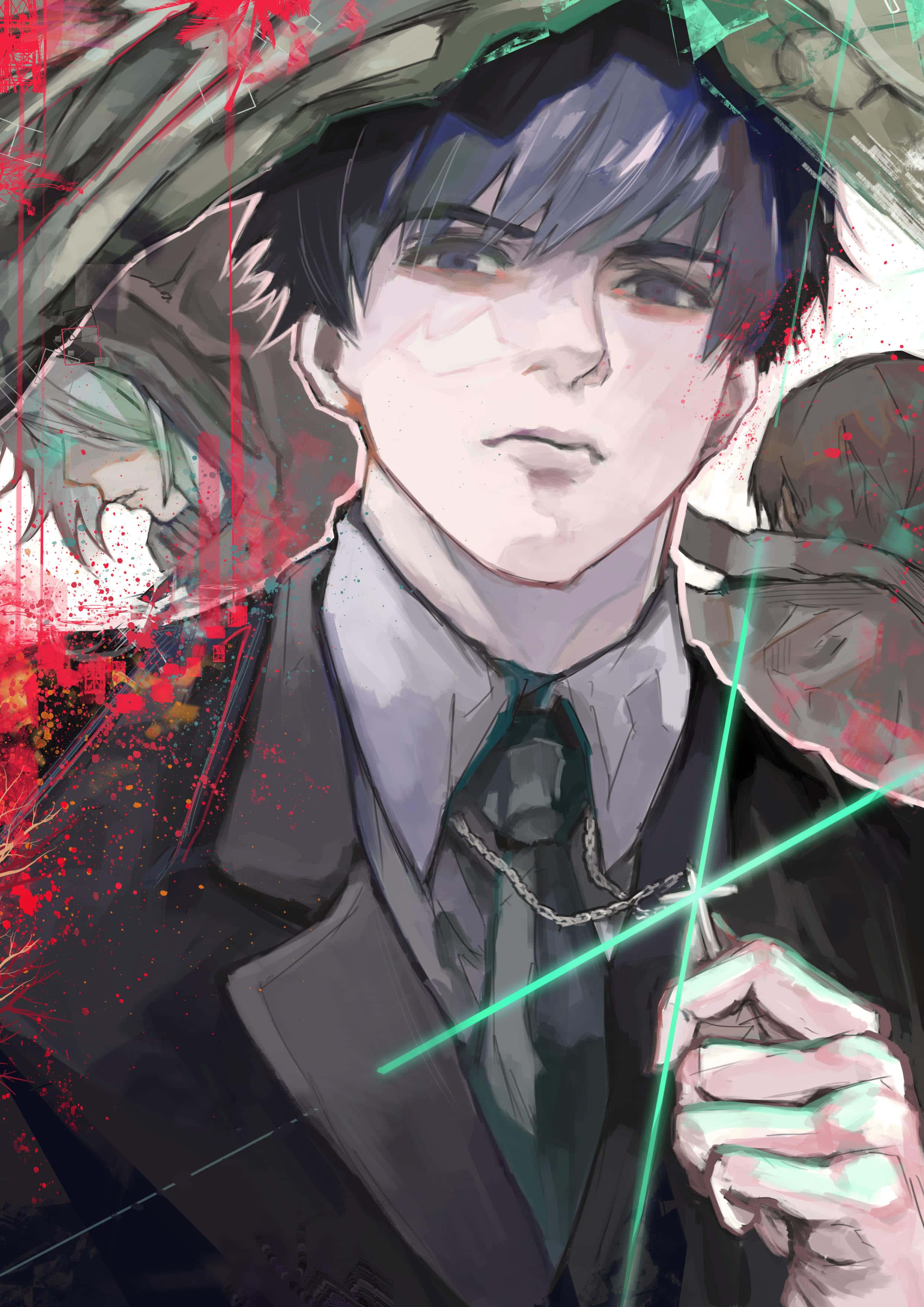 Koutarou Amon, glowing green blades, red and green splatter effects, 2K Phone Wallpaper