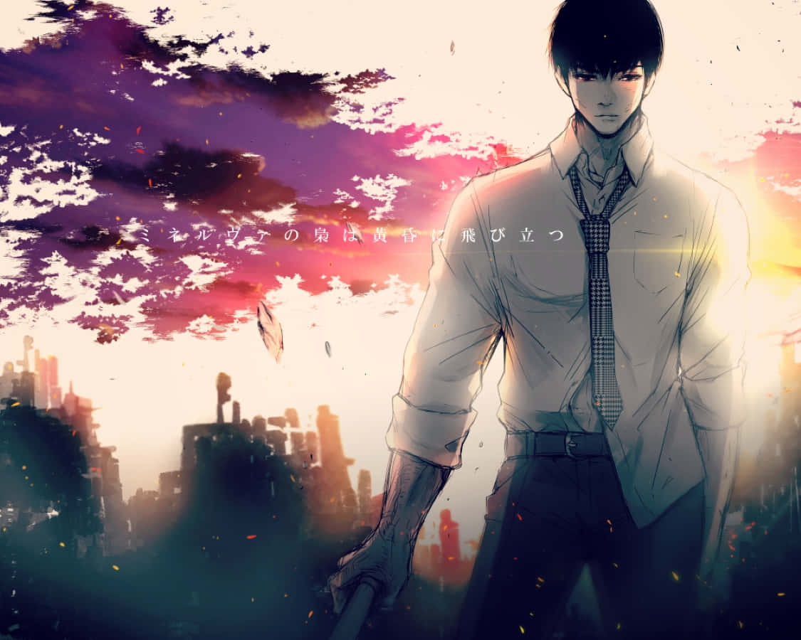 Koutarou Amon, white shirt and tie, vibrant sunset sky, SD Desktop Wallpaper