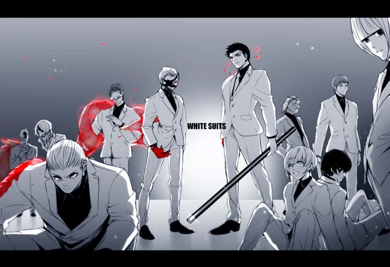 Koutarou Amon, white suits, stark gray room, HD Desktop Wallpaper