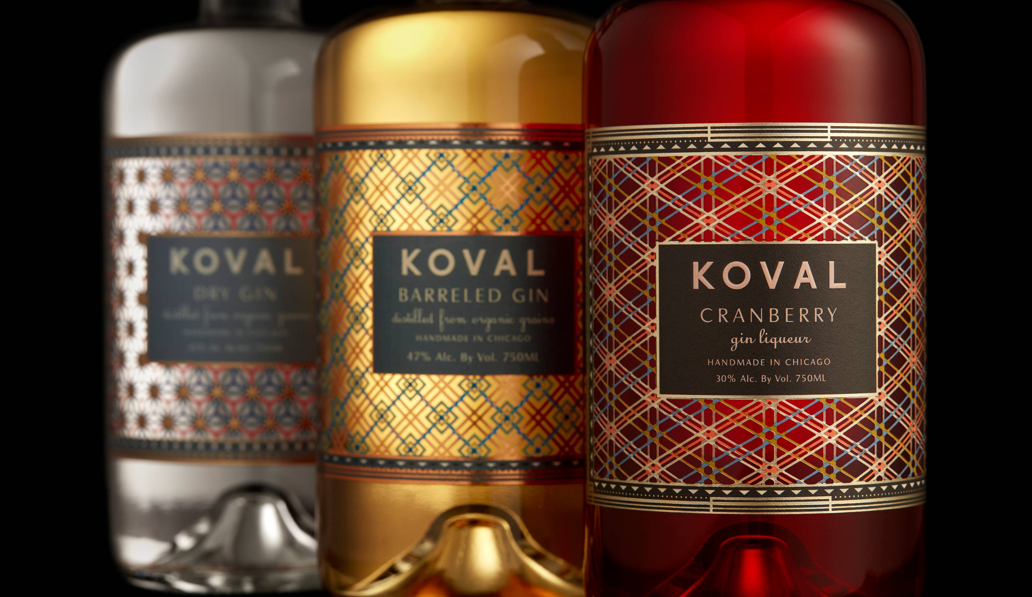 Koval, spirit bottles, ornate geometric labels, 2K Desktop Wallpaper