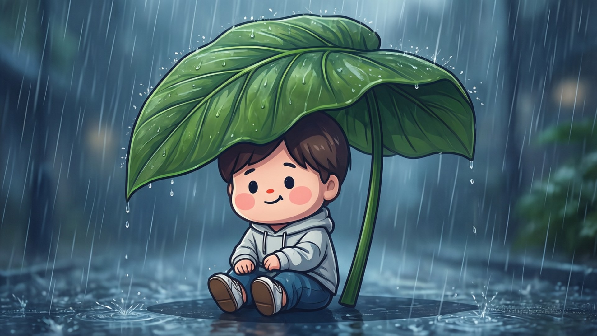 Koya, rainy day, giant green leaf umbrella, Full HD Desktop Wallpaper