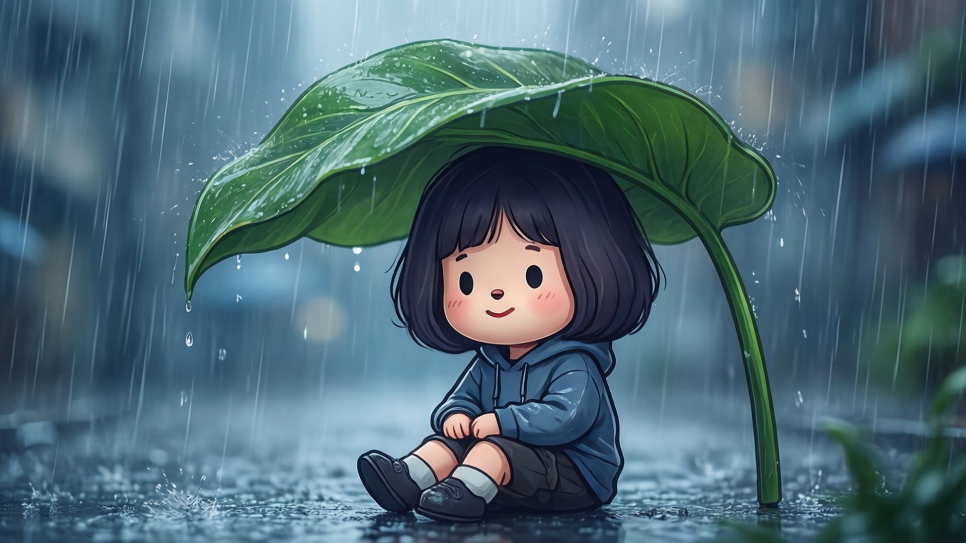 Koya, rainy day, giant green leaf umbrella, Full HD Desktop Wallpaper