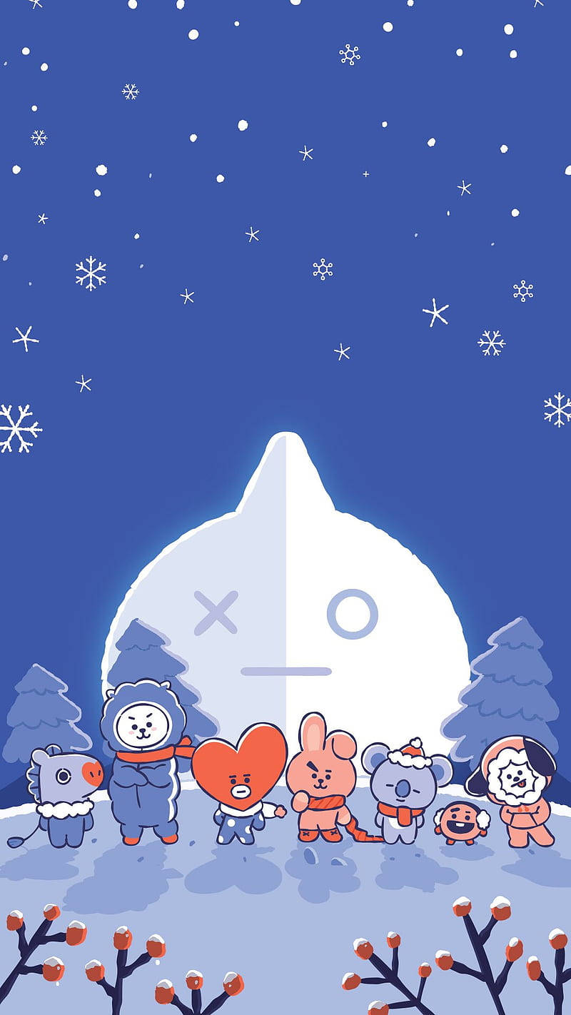 Koya BT21, snow-covered ice sculpture, starry blue sky, HD Phone Wallpaper