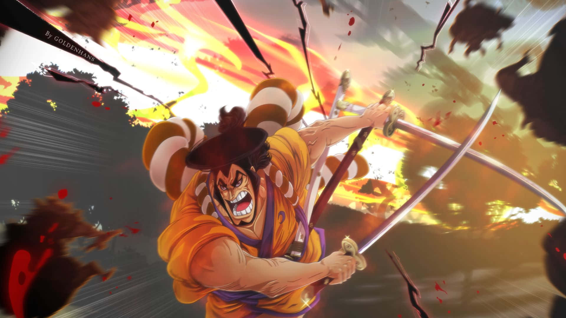 Kozuki Oden, orange armor, dual swords, Full HD Desktop Wallpaper