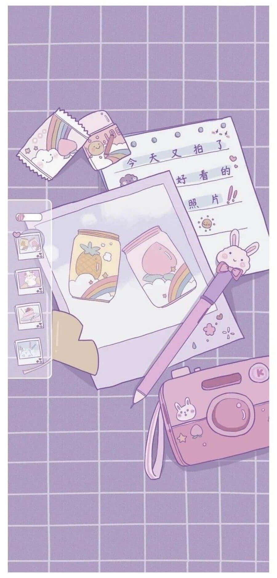 pastel purple grid background, pink camera rabbit stickers, handwritten notes, HD Phone Wallpaper
