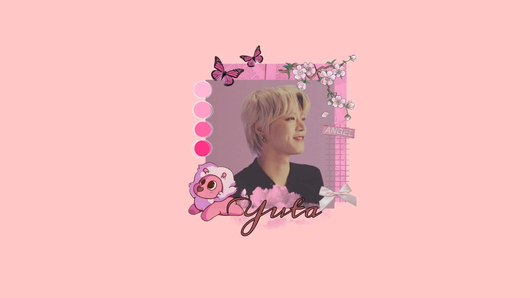 pink background, short blonde hair, pink butterflies, HD Desktop Wallpaper