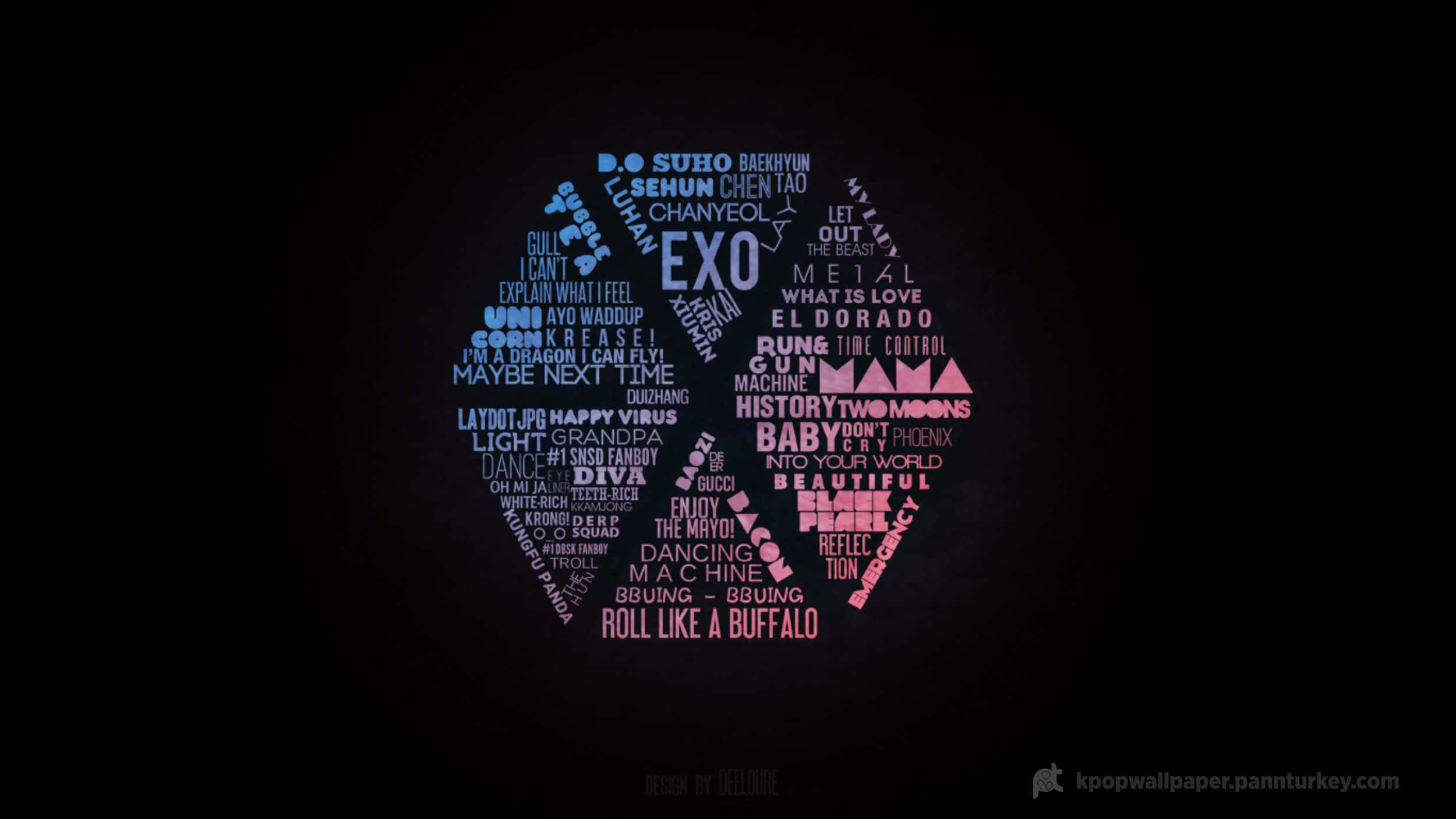 Kpop Laptop, pink and blue heart-shaped word cloud, K-pop song titles, Full HD Desktop Wallpaper