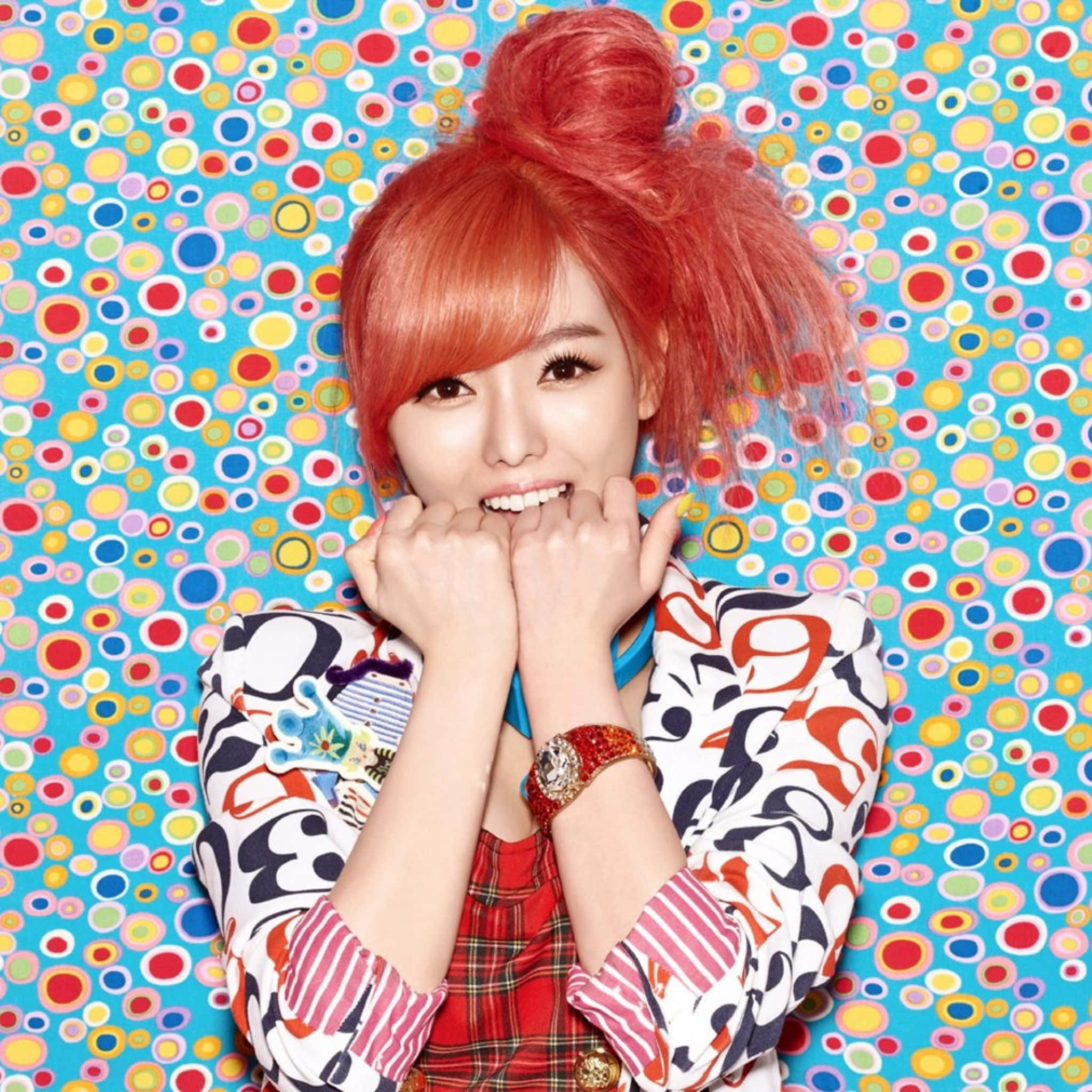 bright red hair, high bun, vibrant blue background, Full HD Desktop Wallpaper