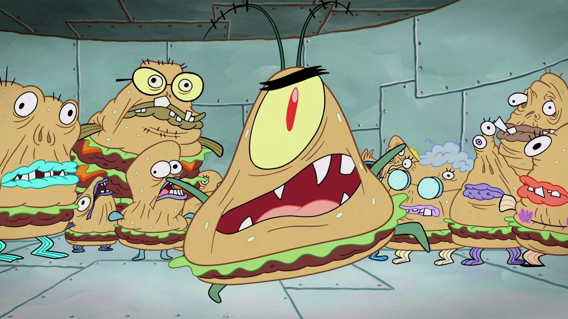 Krabby Patty, serving tray, cartoonish burger monsters, Full HD Desktop Wallpaper