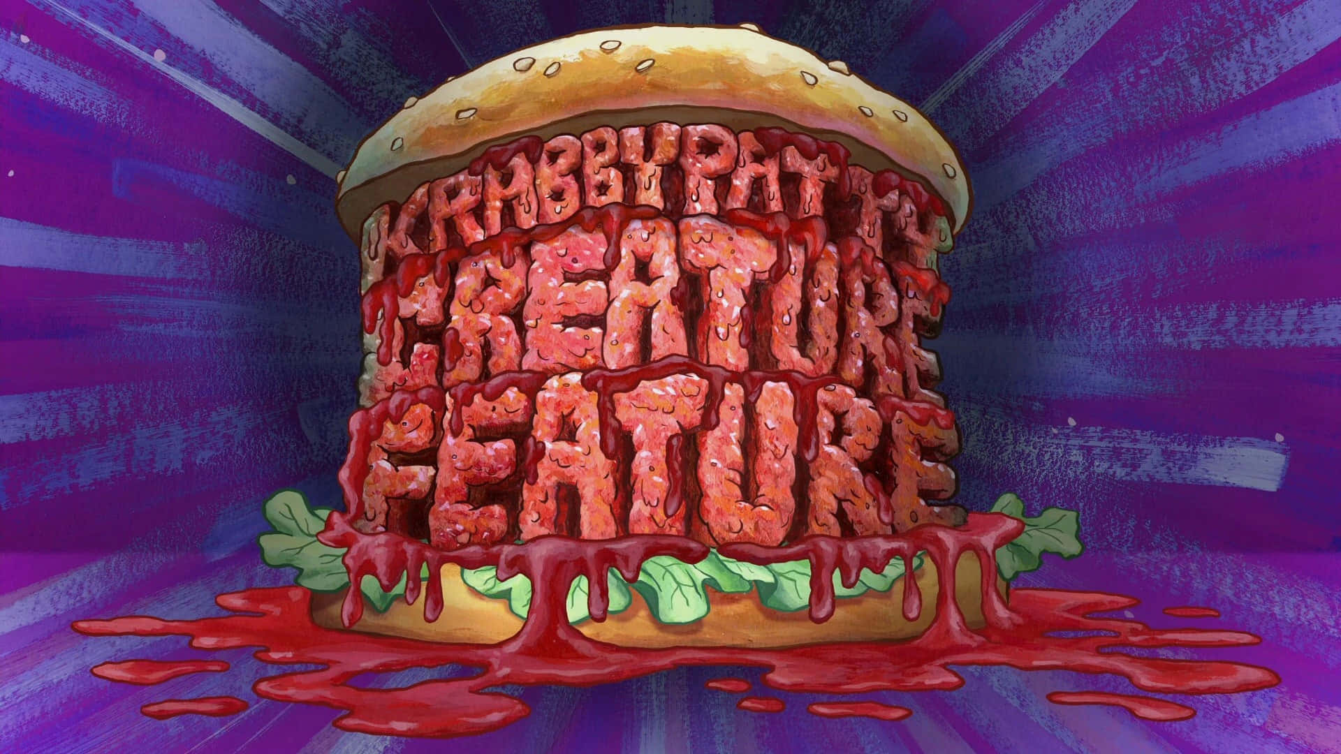 Krabby Patty, wooden table, dripping red meat, Full HD Desktop Wallpaper