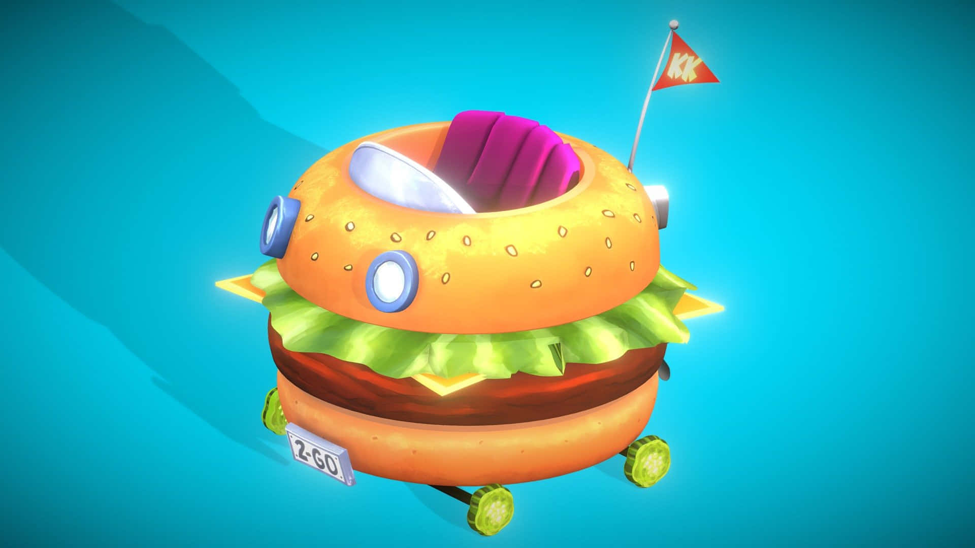 Krabby Patty, cartoonish burger-shaped vehicle, wheels, Full HD Desktop Wallpaper