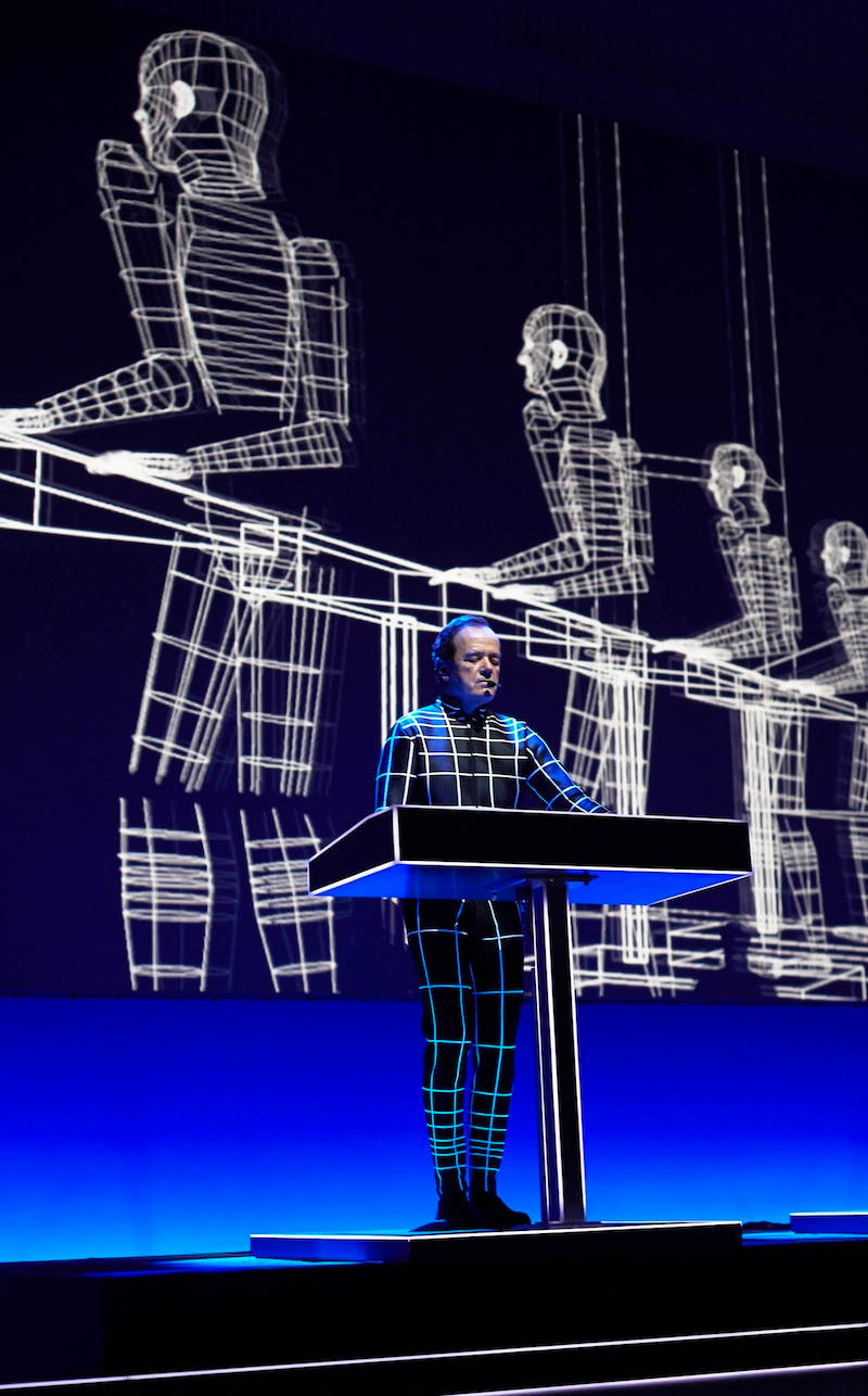 Kraftwerk, glowing blue grid bodysuit, dark stage, HD Phone Wallpaper