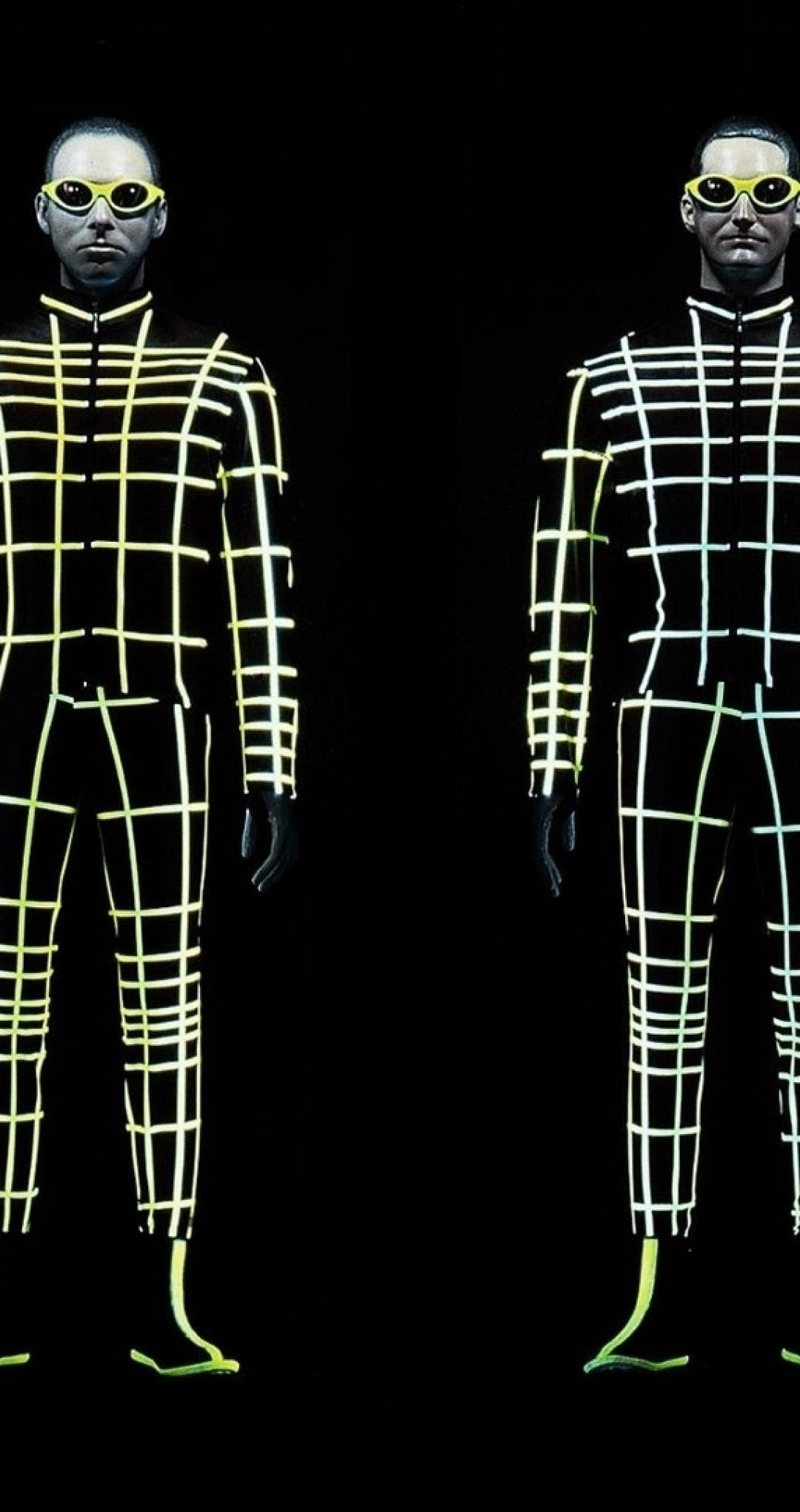 Kraftwerk, neon outfits, glowing yellow grid suits, Full HD Phone Wallpaper