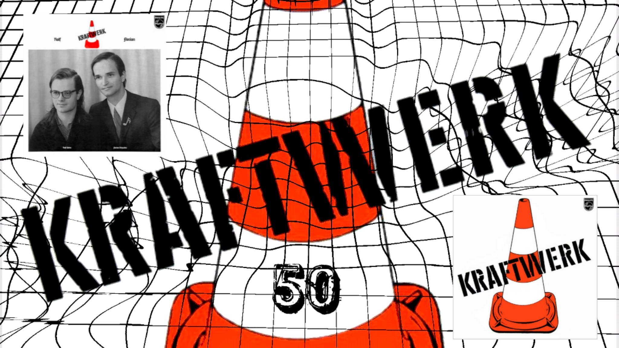 KRAFTWERK, orange traffic cones, black graffiti-style text, Full HD Desktop Wallpaper