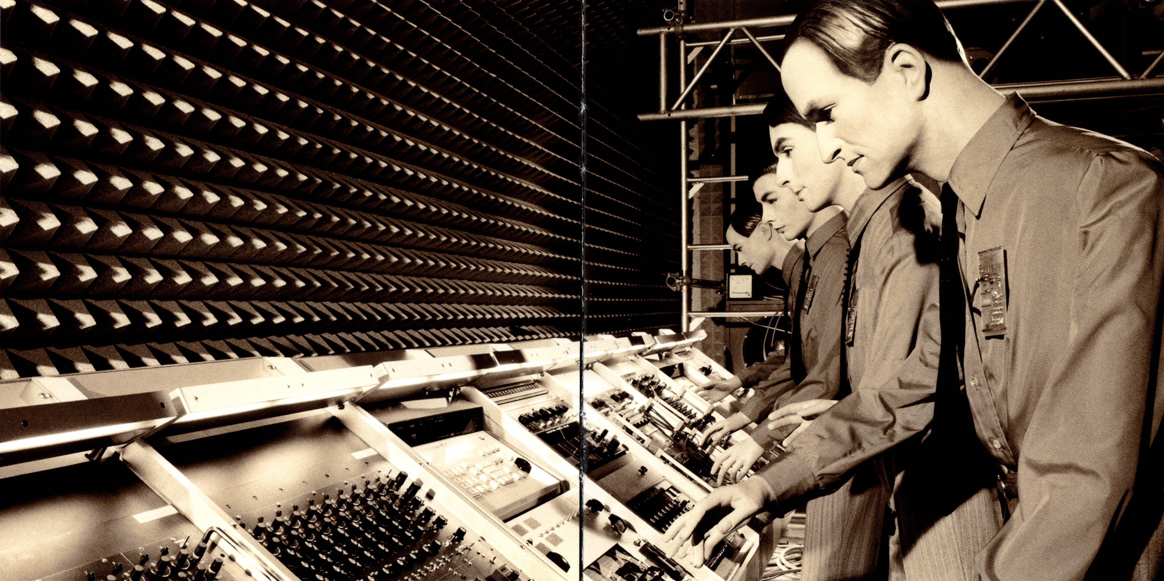 Kraftwerk, mannequin clones, audio mixing consoles, 2K Desktop Wallpaper
