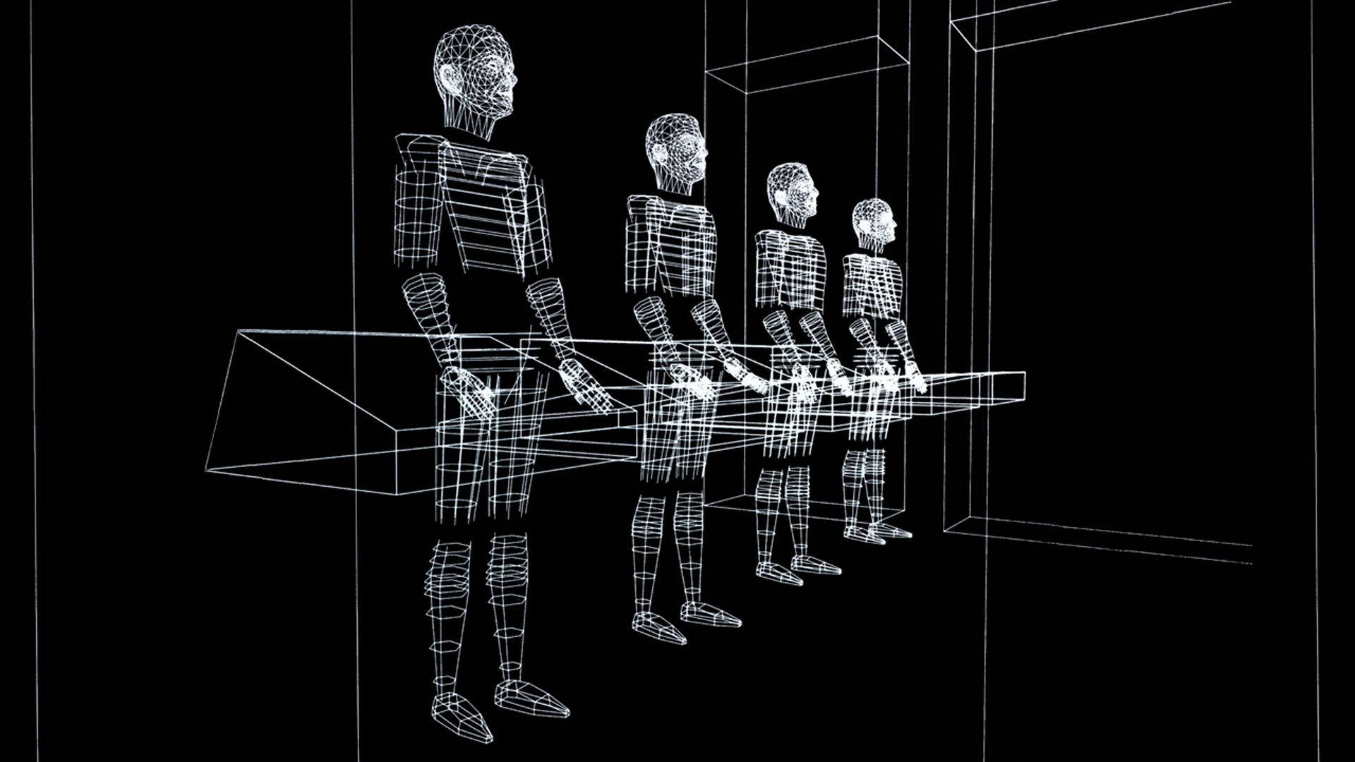 Kraftwerk, transparent hologramlike, wireframe human figures, Full HD Desktop Wallpaper