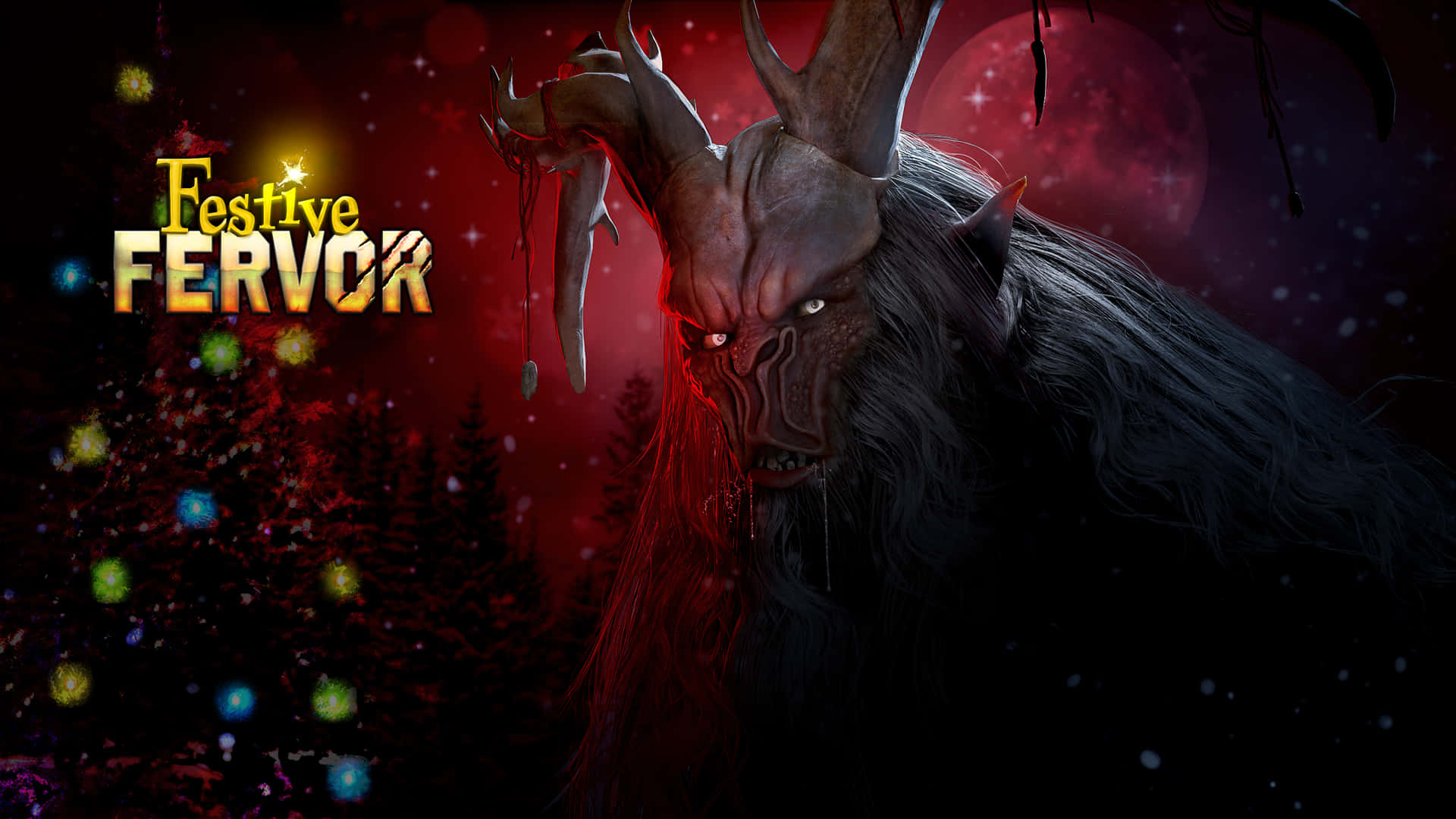 Krampus, glowing red eyes, snowy forest, Full HD Desktop Wallpaper