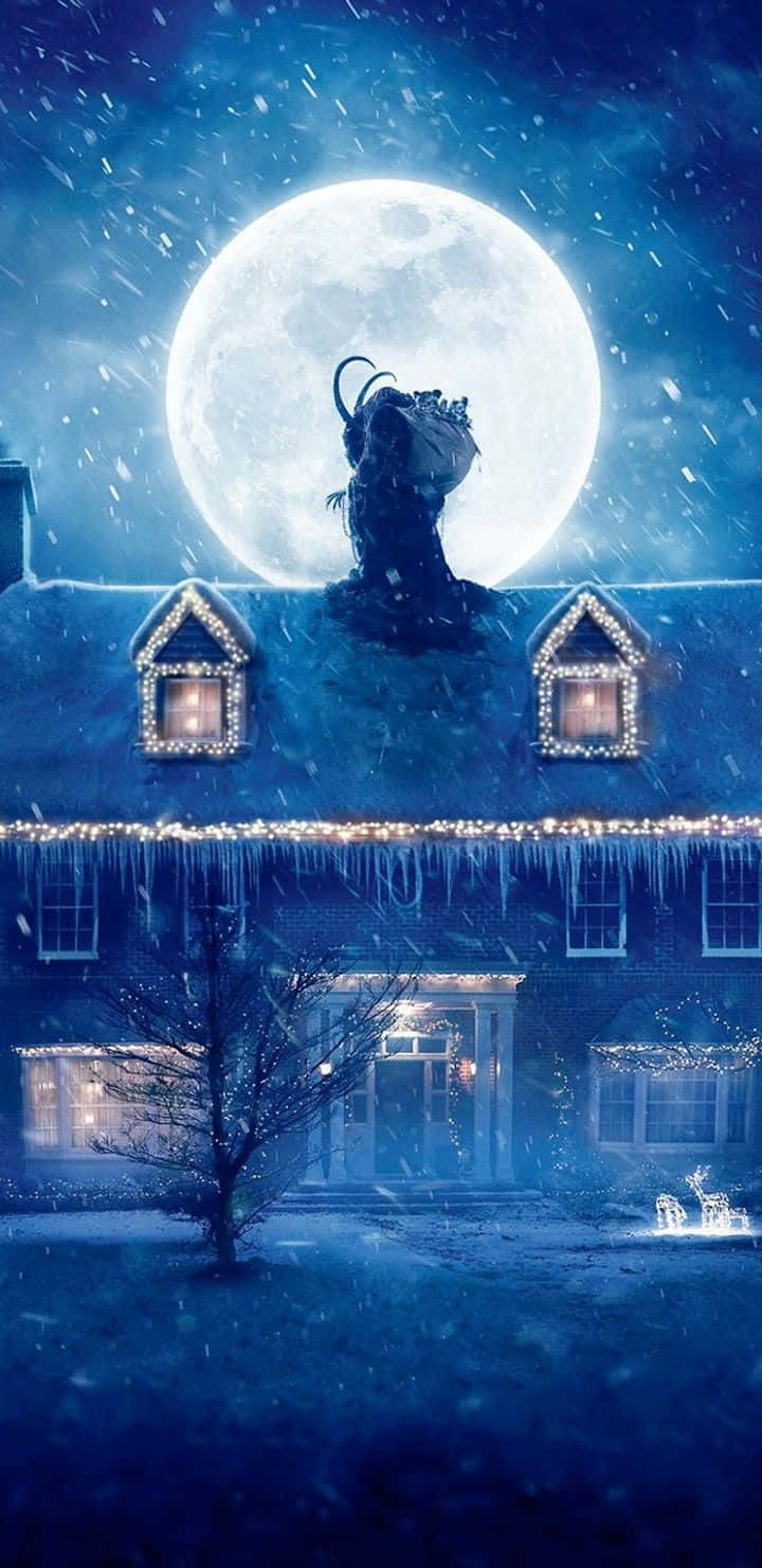 Krampus, snow-covered house, glowing windows, HD Phone Wallpaper
