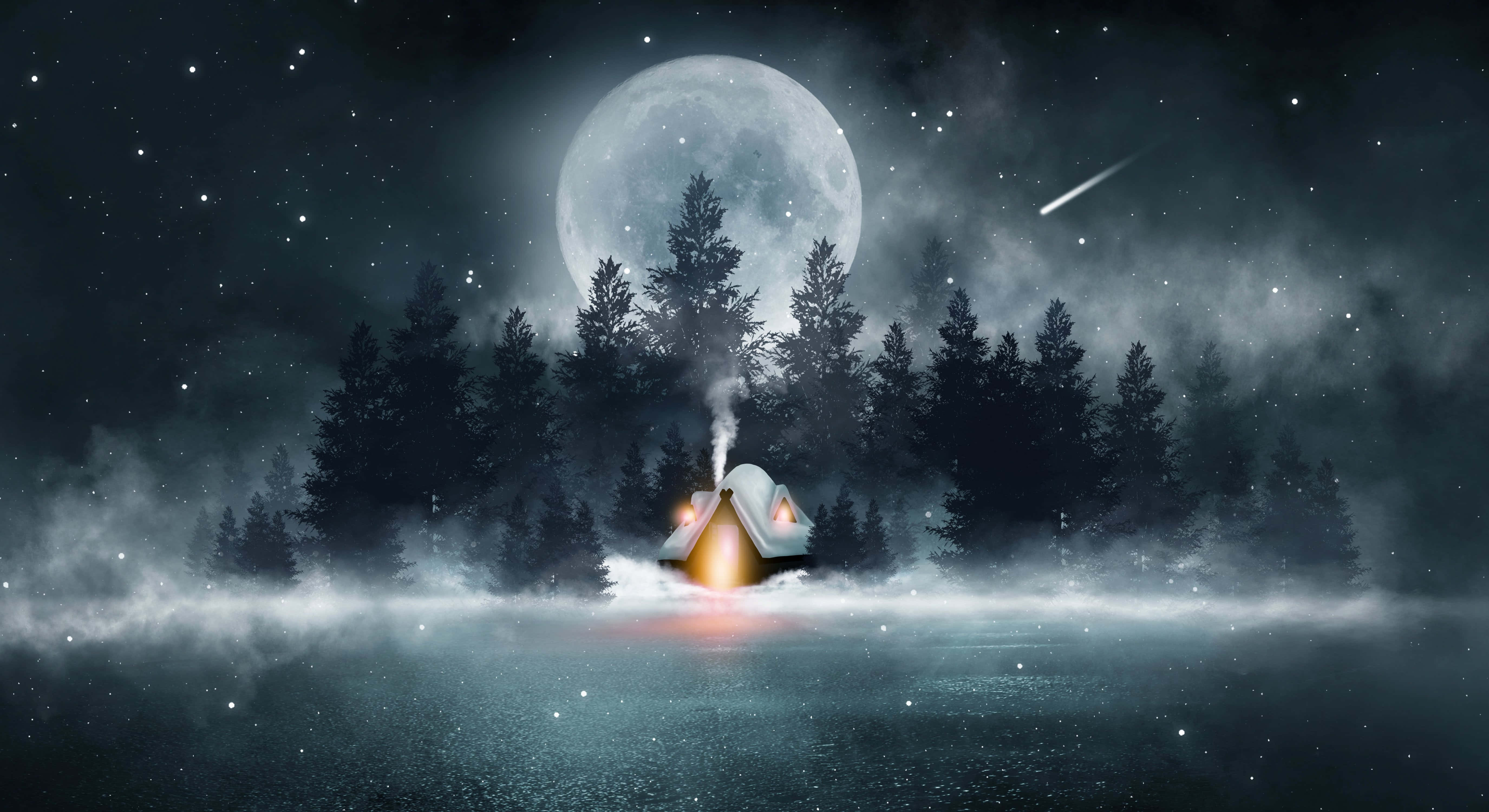 Krampus, cabin, giant moon, 5K Desktop Wallpaper