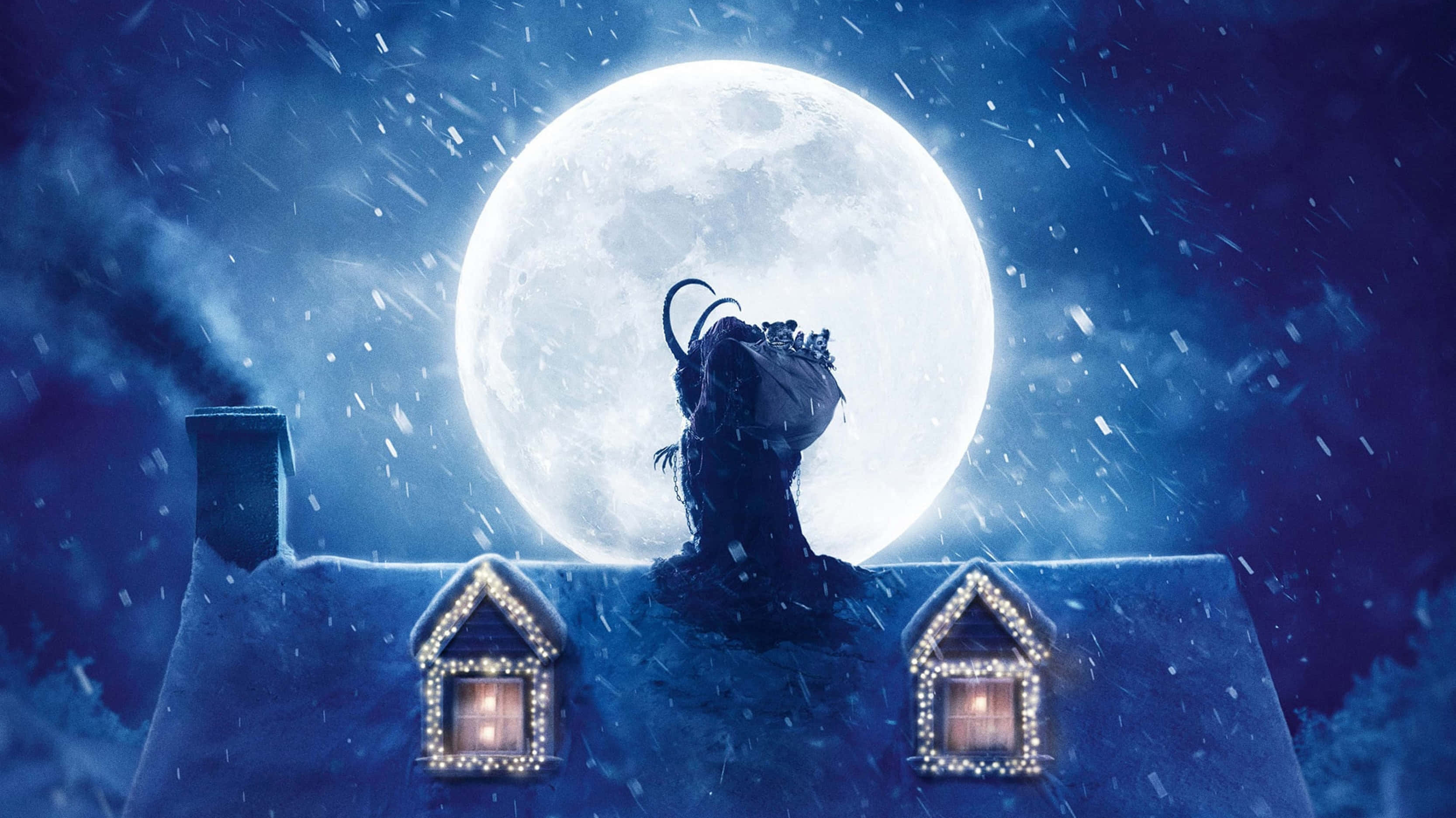 Krampus, snow-covered house roof, night, 2K Desktop Wallpaper