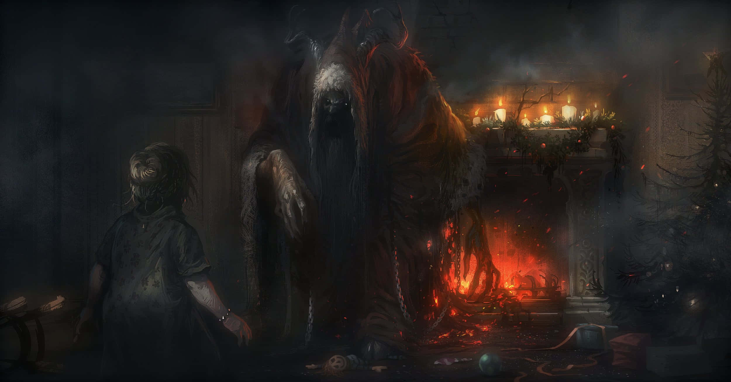 Krampus, fireplace, burning fireplace, Full HD Desktop Wallpaper