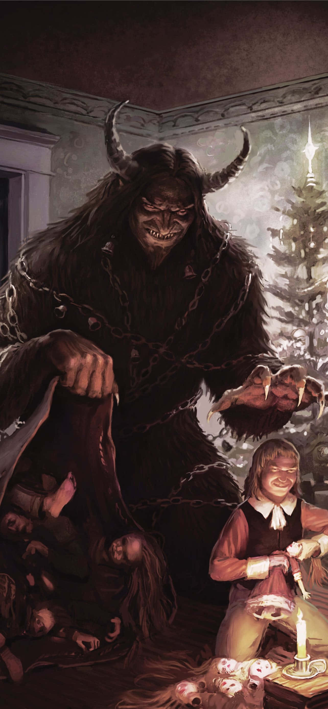 Krampus, horned demon, chains, 2K Phone Wallpaper