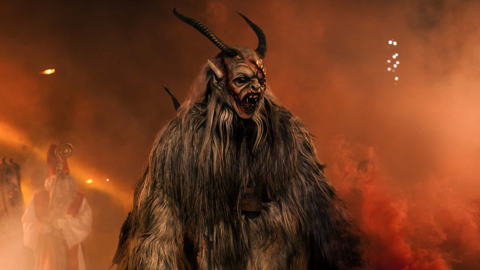 Krampus, fiery orange smoke, glowing eyes, Full HD Desktop Wallpaper