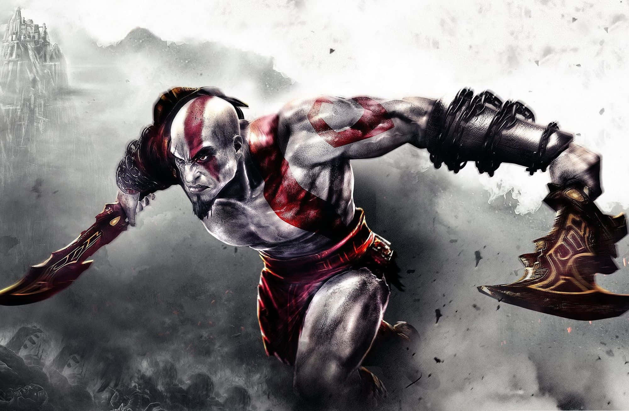Kratos, iconic blades, stormy battlefield, Full HD Desktop Wallpaper