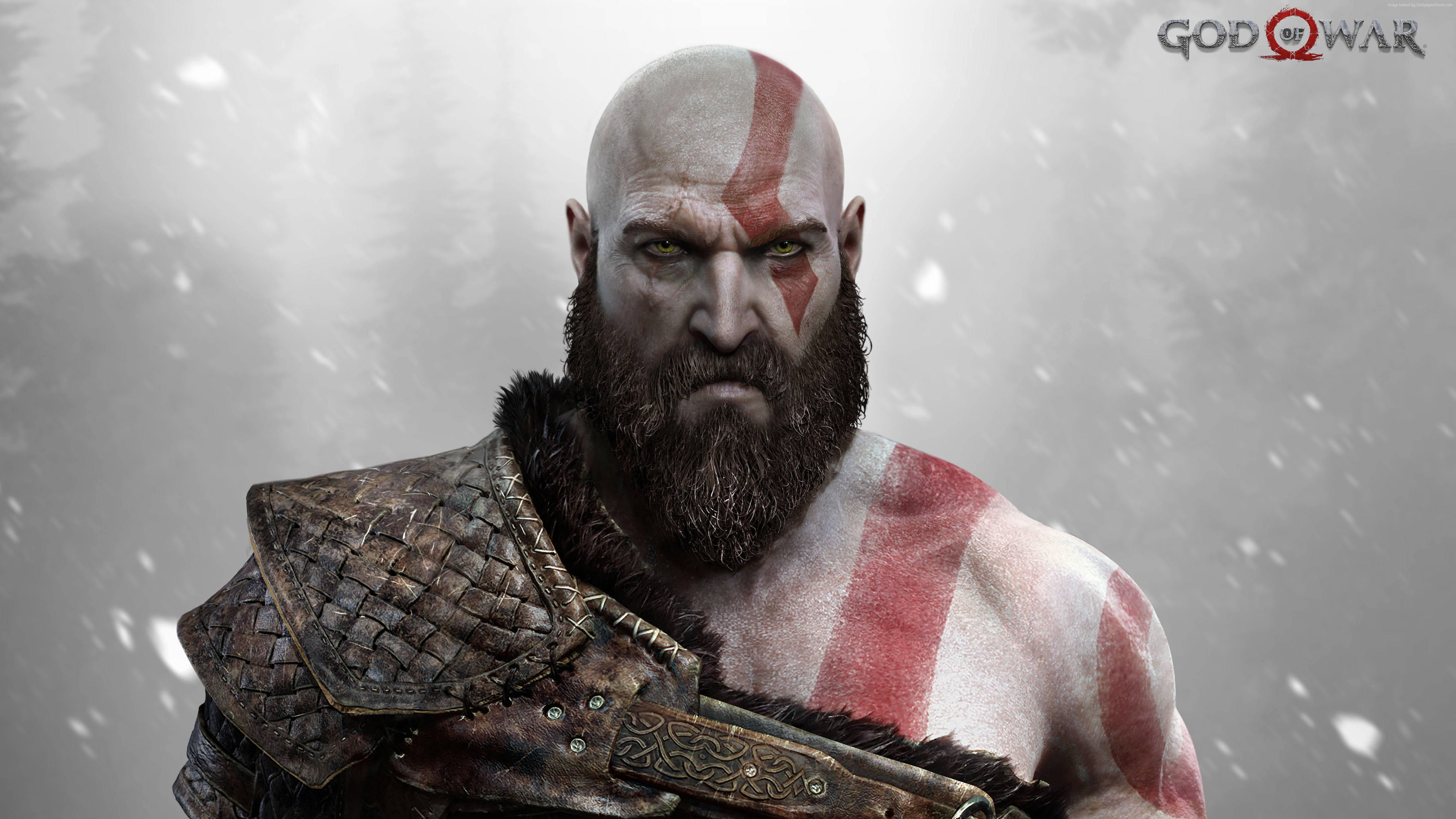 Kratos, red tattooed face, red tattooed beard, 5K Desktop Wallpaper