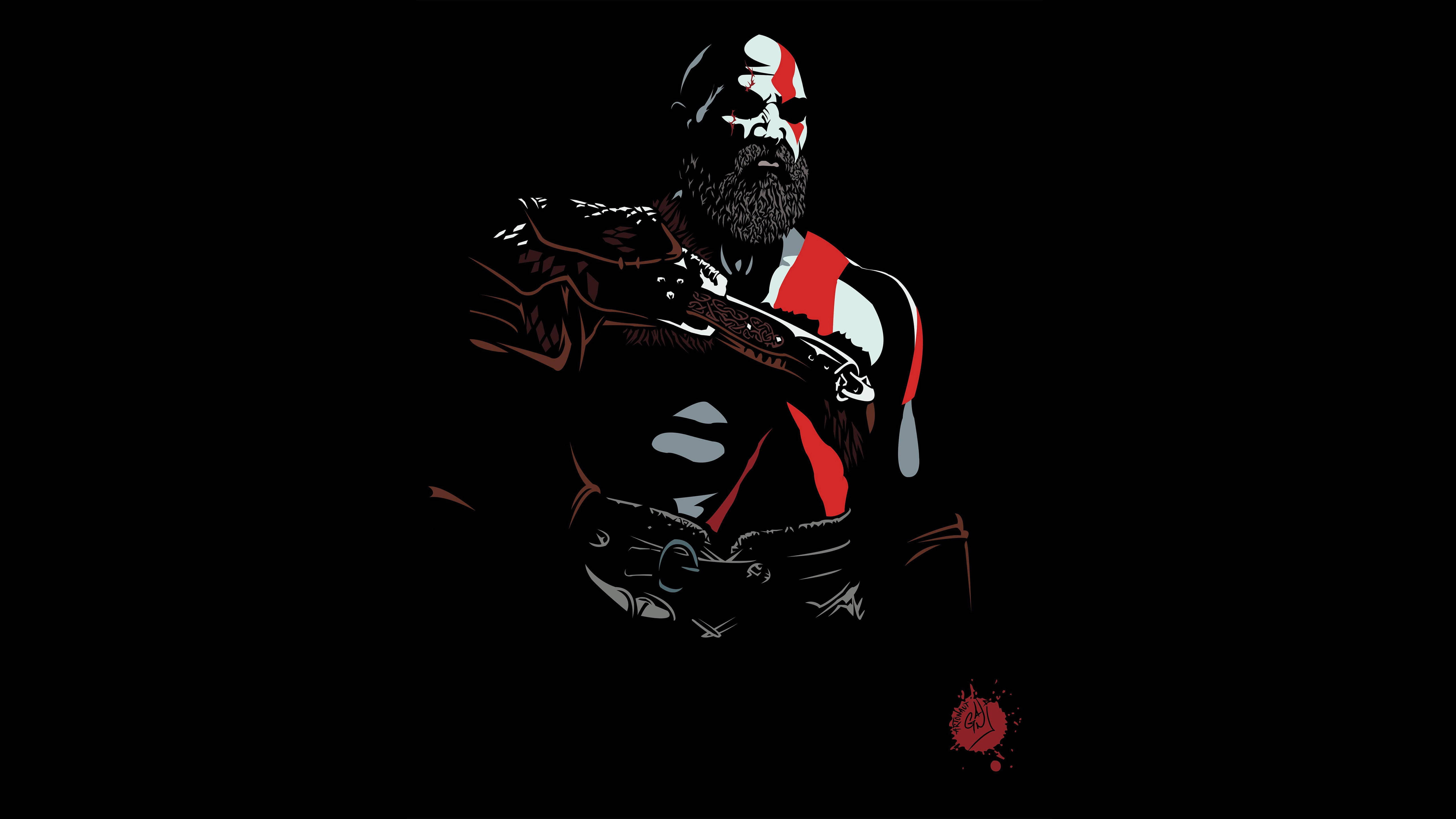 Kratos, red and white face paint, black background, 5K Desktop Wallpaper
