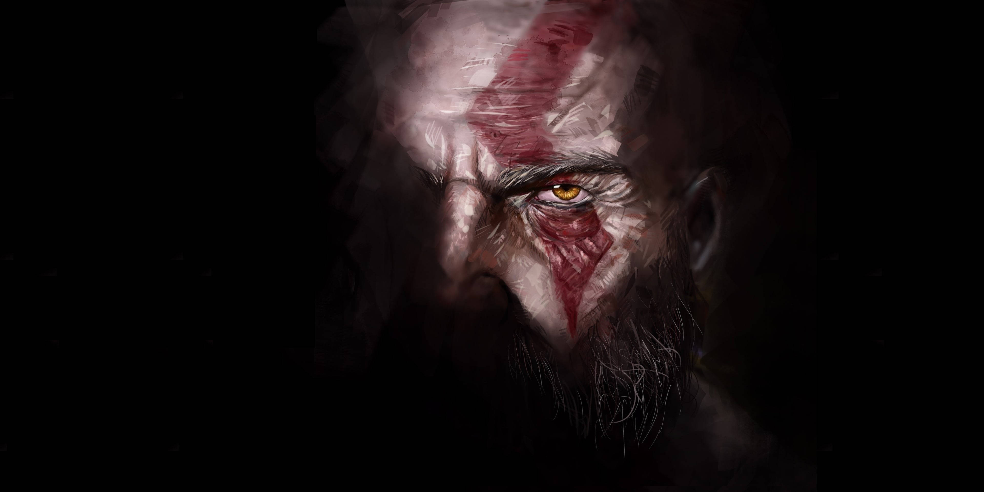 Kratos, bearded warrior, red tribal mark, 4K Desktop Wallpaper