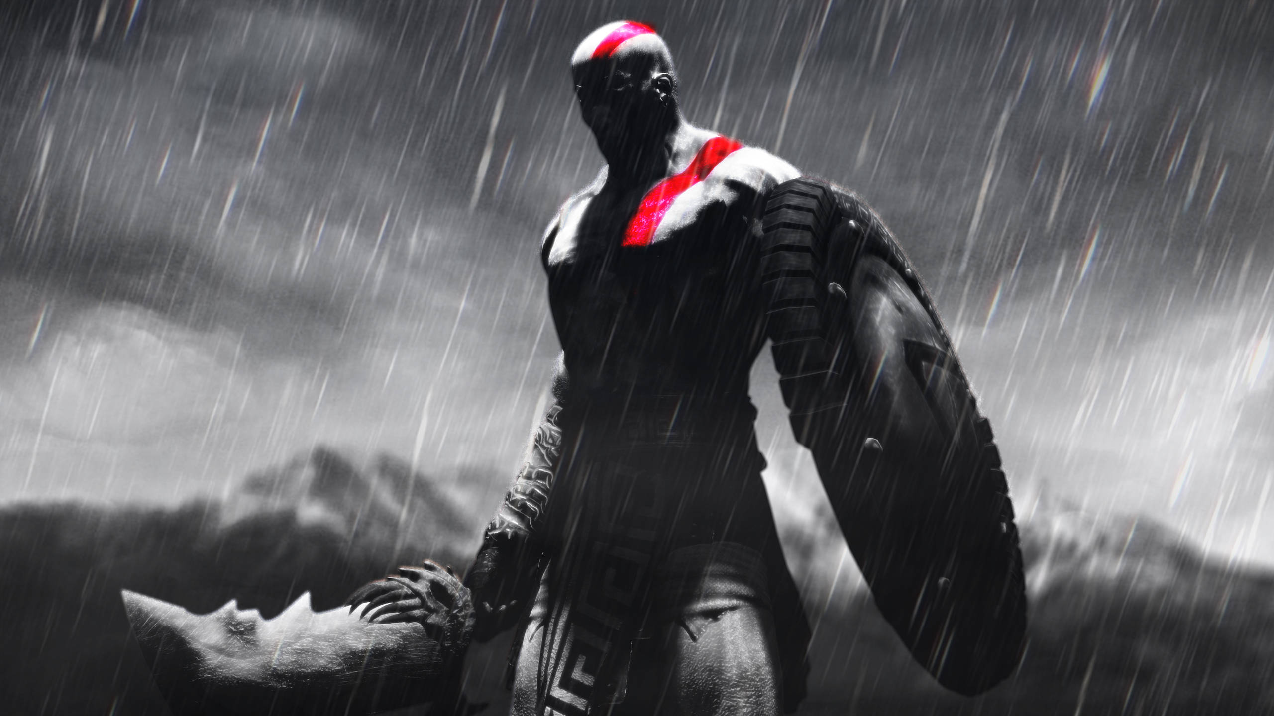 Kratos, red markings, shield, 2K Desktop Wallpaper