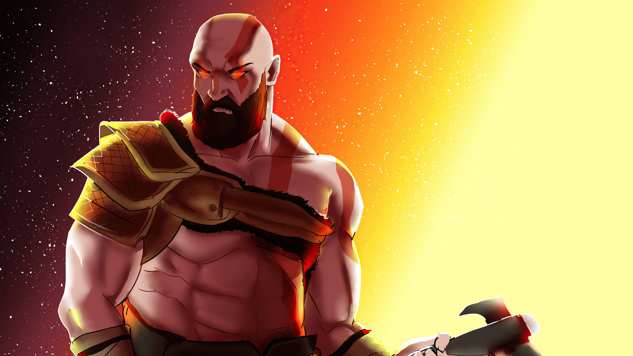 Kratos, glowing red eyes, beard, 2K Desktop Wallpaper