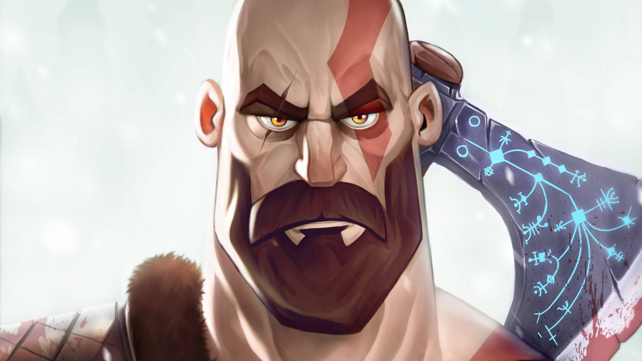Kratos, red markings, glowing blue runes, Full HD Desktop Wallpaper