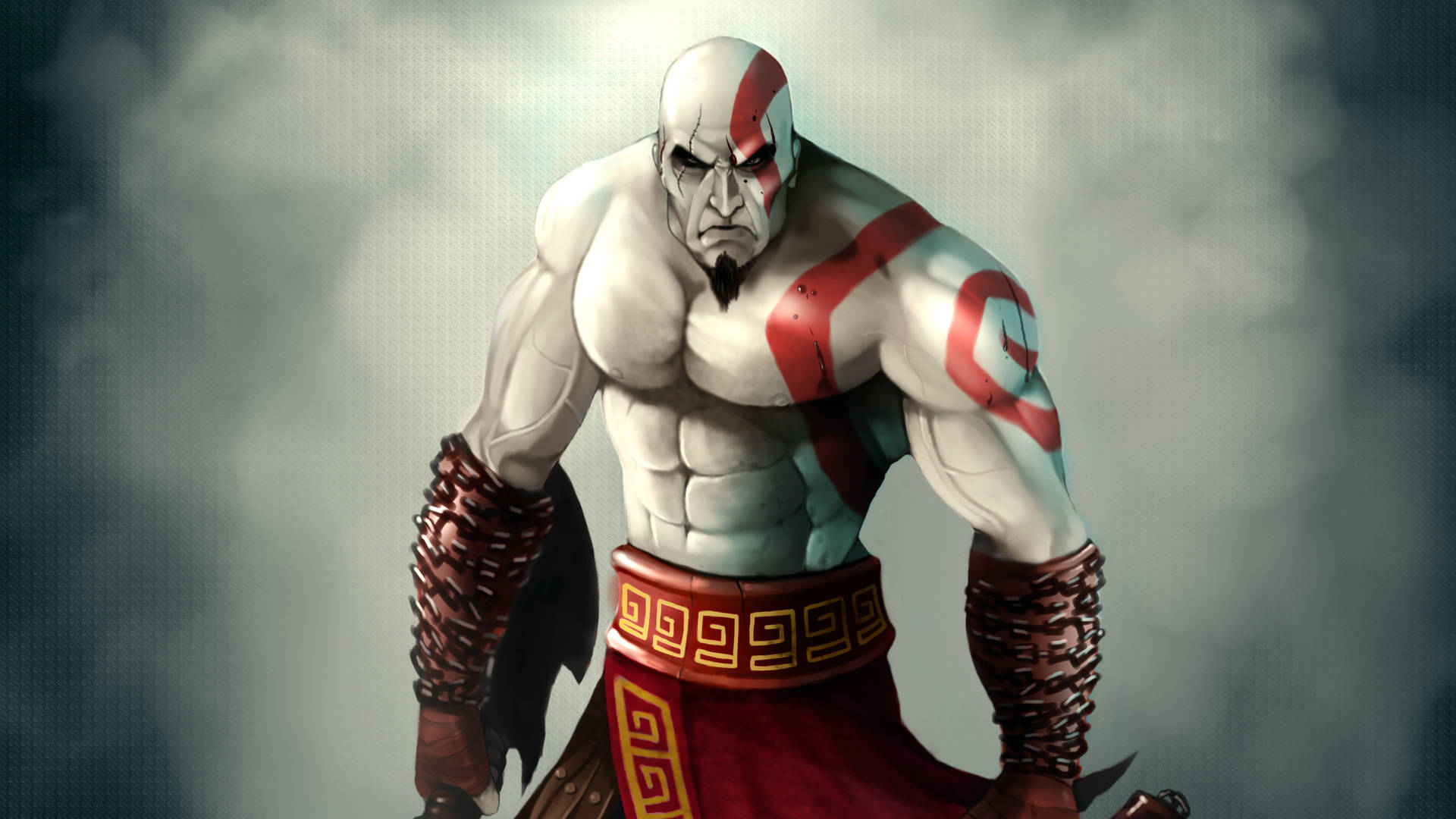 Kratos, muscular bald warrior, red markings, Full HD Desktop Wallpaper