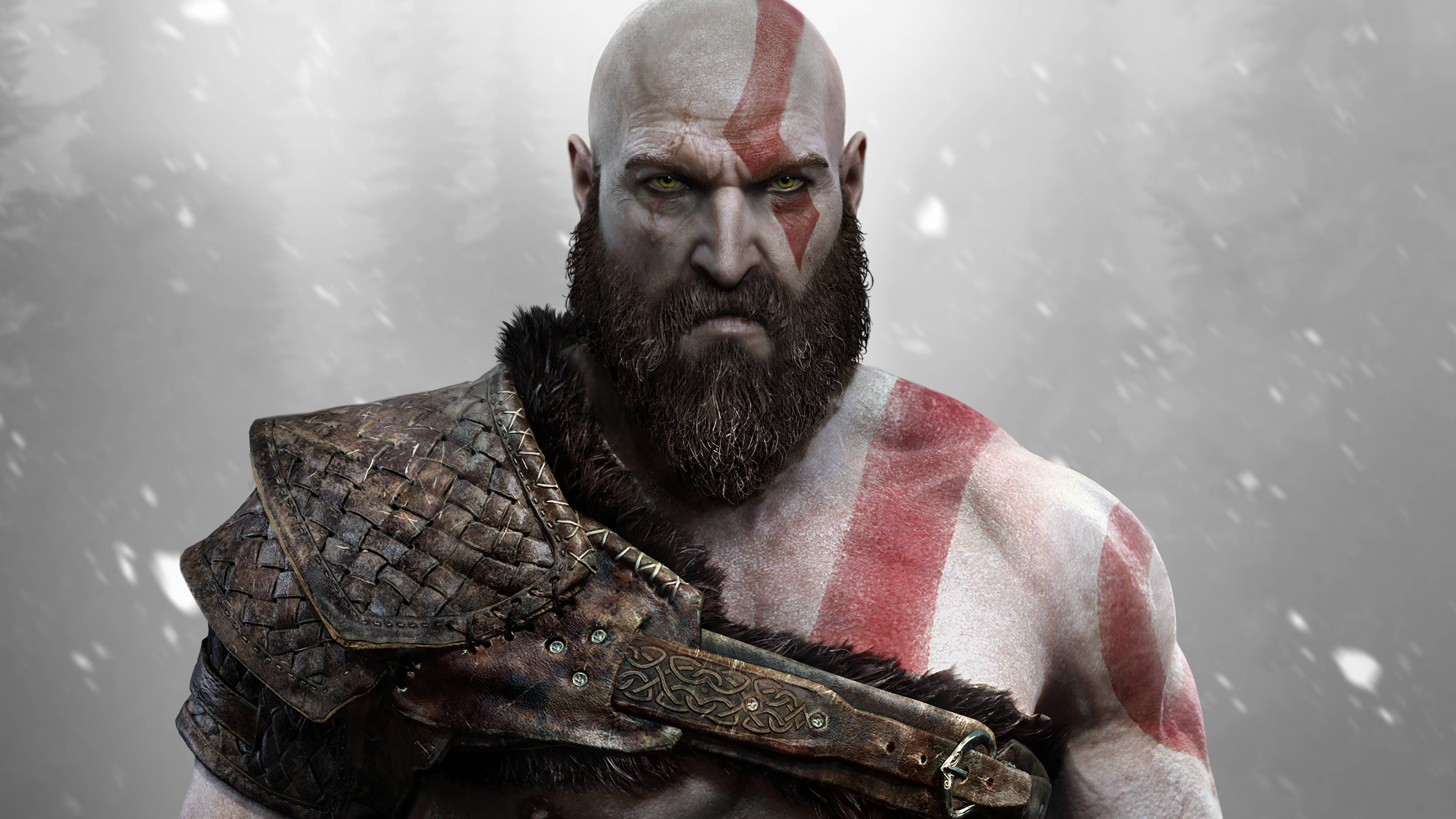 Kratos, red tattoos, fur-lined armor, 4K Desktop Wallpaper