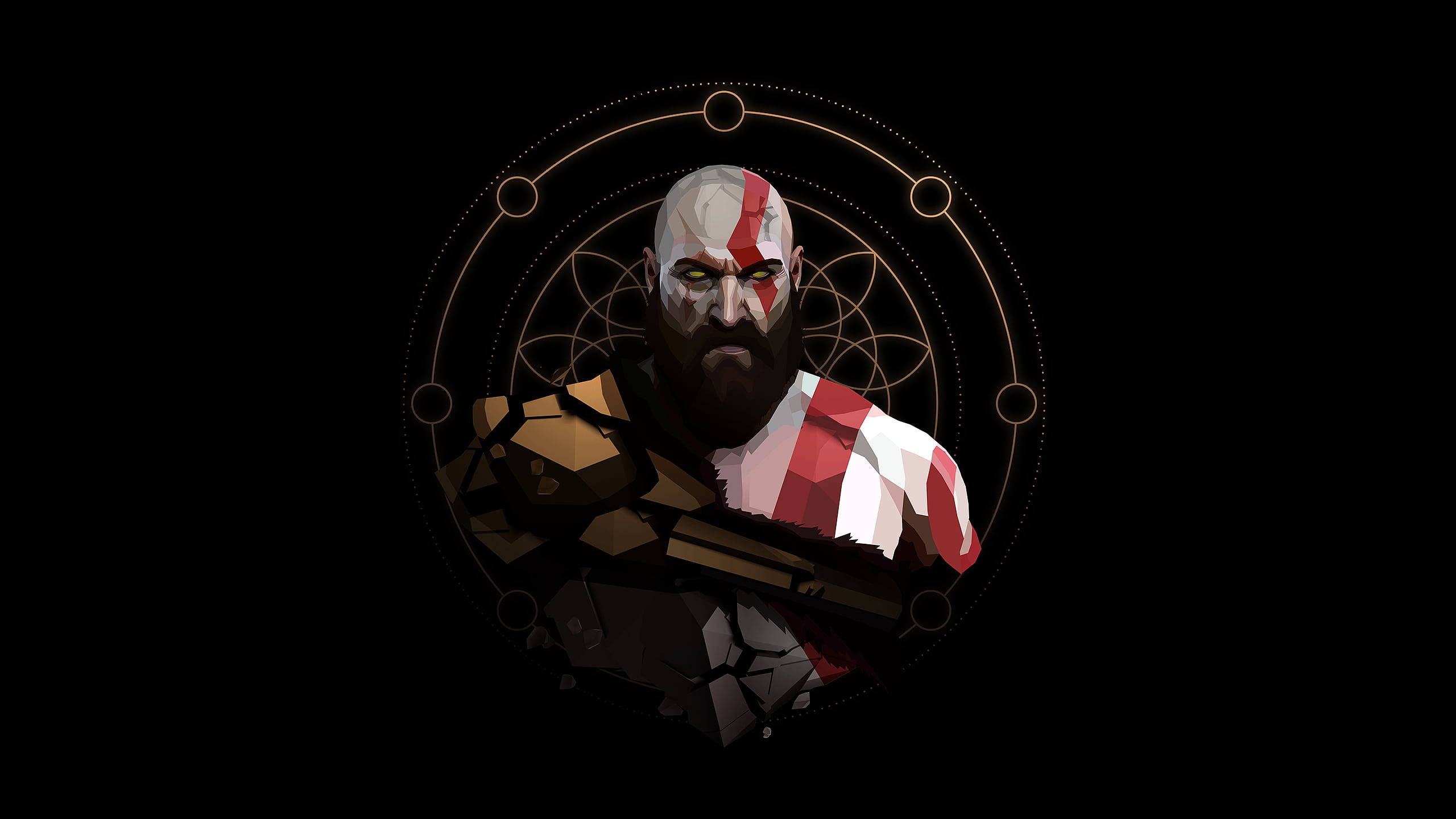 Kratos, low-poly stylized warrior, red and white markings, 2K Desktop Wallpaper