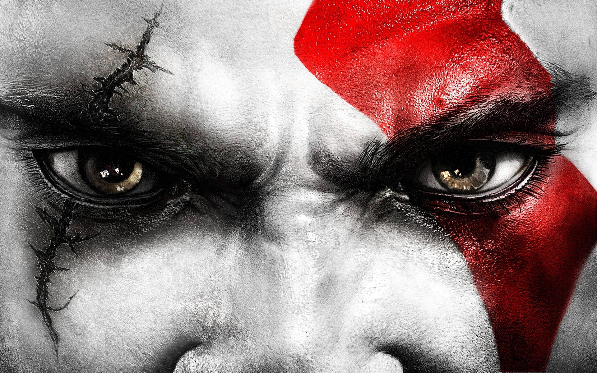 Kratos, red tattoo, tribal mark, Full HD Desktop Wallpaper